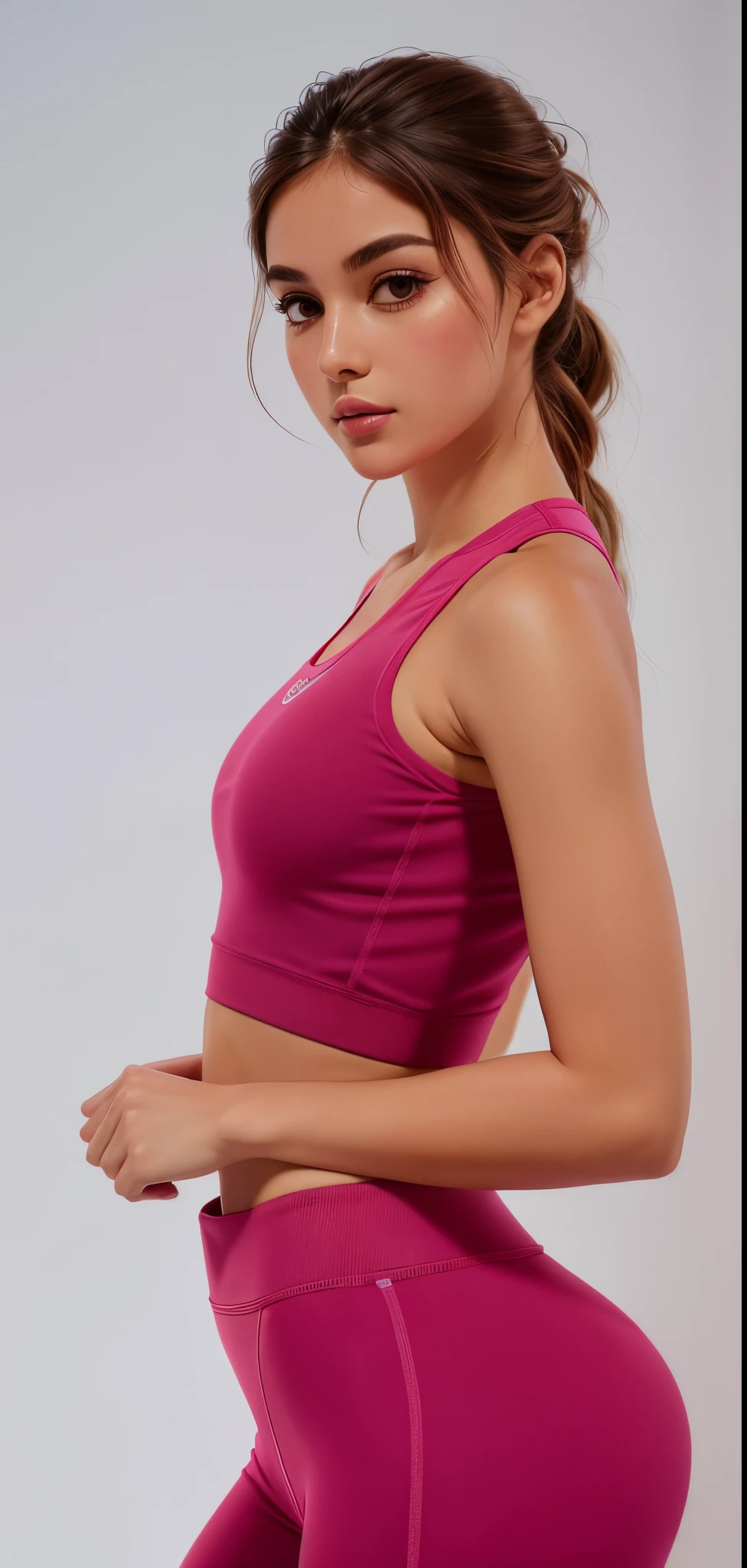 A closeup of a woman in a pink sports bra top and leggings, brassier, detailed sports bra, Esporte bom, Prana, sports bra, Topo de colheita, voltar - ver, forma tonificada, olhando de lado!, encaixar, 3/4 vista lateral, Titular Top, parte superior do corpo close up, Side profile view, roupas esportivas, Titular Top, Vsx