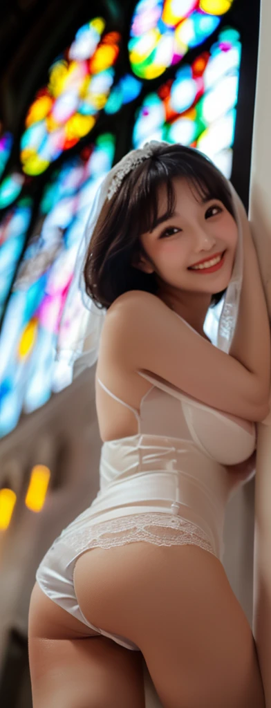 ((8K, RAW Photos, of the highest quality, Masterpieces), high definition RAW color photos professional close-up photos, (Realistic, Photorealism: 1.37), (Highest Quality), (Best of darkest illustrations), ((Cute, Beautiful, Ultra High Resolution, High Definition CG Unified 8K Denden Wallpaper, Physically Based Rendering, Movie Lighting), analog style, Elegant, grateful, UHD 8K, Digital SLR, FujifilmXT3, Vibrant, Candid, Dramatic immersive sunset, (Detailed face, Skin Texture), Film grain, Natural light, looking in camera,(Idol),(1 japanese girl),(Photo of a girl in Japan ), (huge breast augmentation,lip stick,eye line,mascara,eyeshadows:1.1),glamor,(Perfect face), (Cute face), (Beautiful face), (wedding dress), (Iaringalia Veil), ((Short Reverse Bob Hair:1.2)), ((Looking at Viewer:1.2)), ((Showing panties:0.9)), (low angle shot), ((peer in from below)) ,chies, Beautiful detail eyes, Light on the Face, ((Cowboy Shot:1.2)), especially strong light, (Upper Eyes, Grinning smile:1.2),Shiny skin, ulzzang -6500-v1.1:0.2, Shy, (The Flash:1.2), (arms behind back:1.2), ((Good anatomy: 1.2)), ((Bright and refreshing church at night, the background is blurred: 1.2)),wakame,NSFW