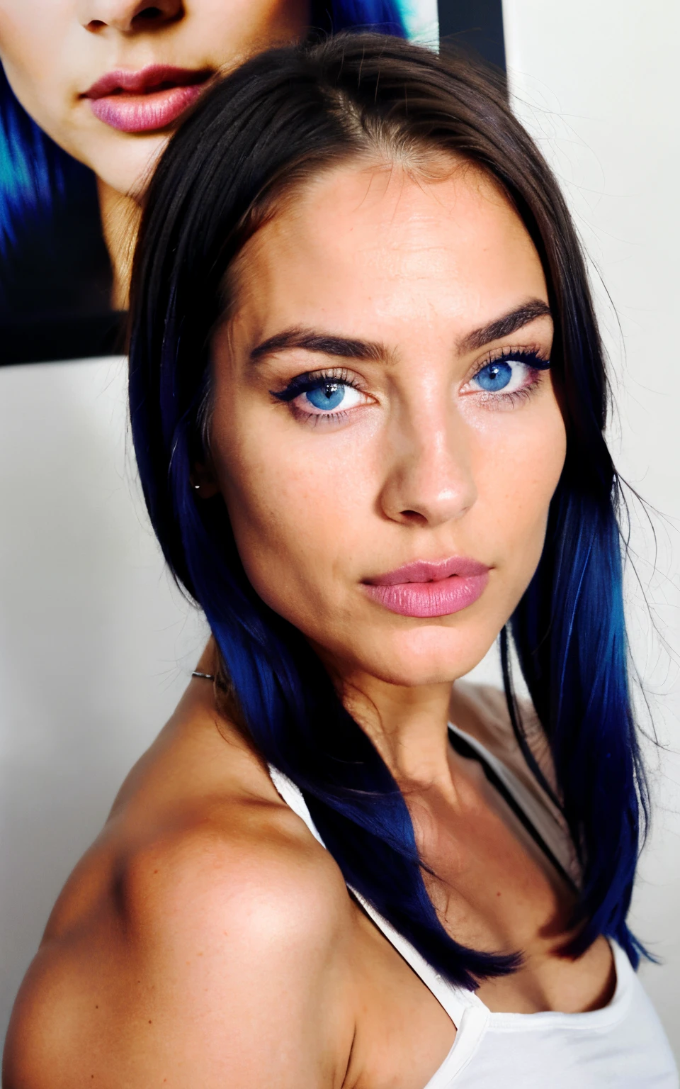 Photorealistic, Best Quality, hyper detailed, a closeup of a, Portrait, looking a viewer, Head straight towards the camera ,better shadow ,beautiful sexy fitness girl, 21 old years, young girl,  blue eyes, symmetrical beautiful face, Blue hair, Almond eye , full lips , hairsh, Knotted back