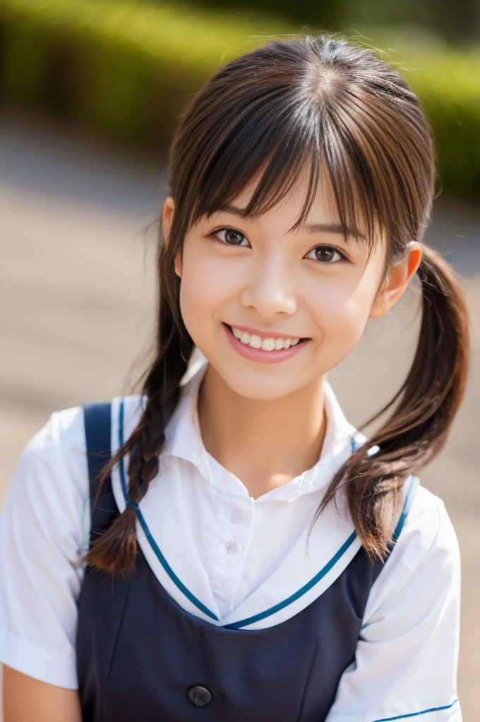 matured female , best quality, hires, detailed face , blouse , smile,Twintails, Japanese school uniform, 1 person