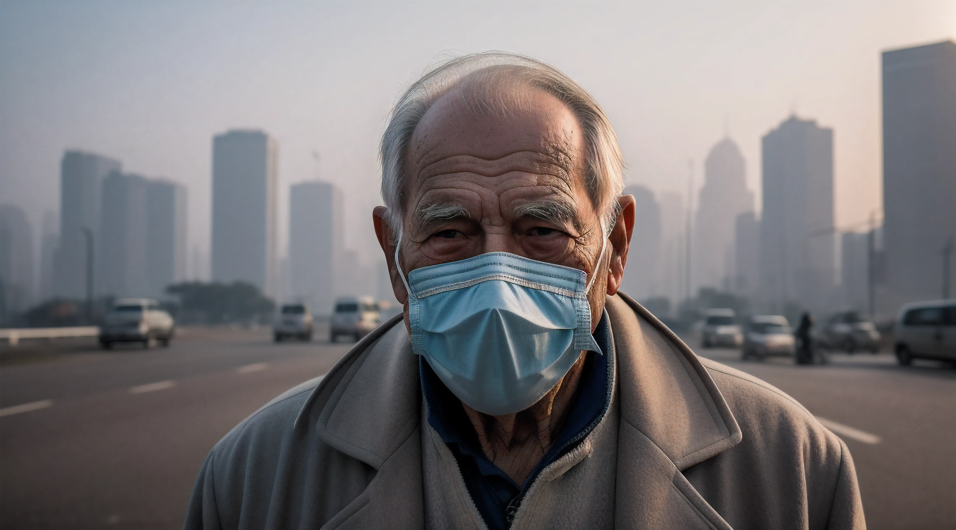 An elderly man wearing a face mask in a heavily polluted city at dawn. Soft, warm lighting enhances your facial expression, Creating a nostalgic atmosphere. El uso de tonos apagados transmite el ambiente contaminado, while touches of cool colors highlight the mask and the details of his face. The man is dressed in a worn coat that reflects his age and personality.. The background features visual effects to simulate pollution, con un cielo gris y brumoso. A high quality camera with excellent detail capturing capabilities and a lens for sharp focus on the man's face will be used.. Es retratado en una postura serena pero reflexiva., Express awareness of the environmental situation.