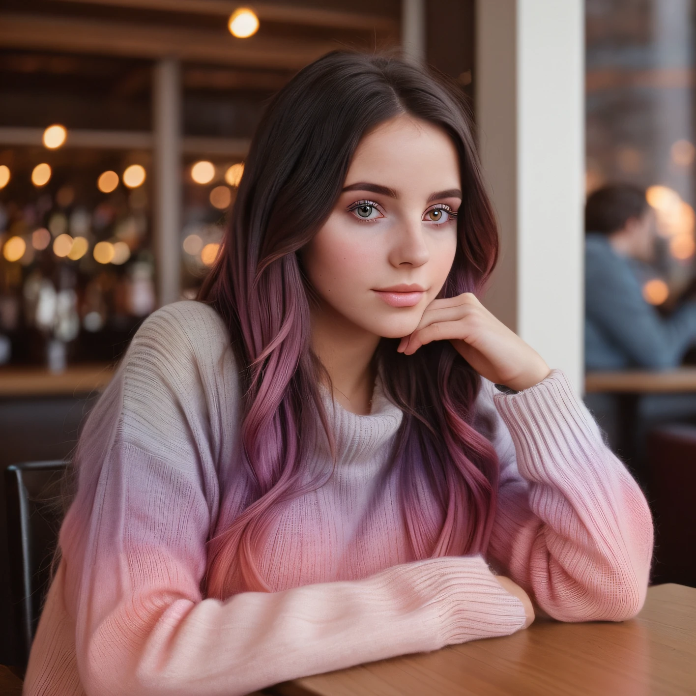 1 pretty young woman wearing cozy sweater sitting at the table in crowdy bar,  brunette pink ombre hair style (ombre:1.3) film grain, high quality photo taken with iphone camera