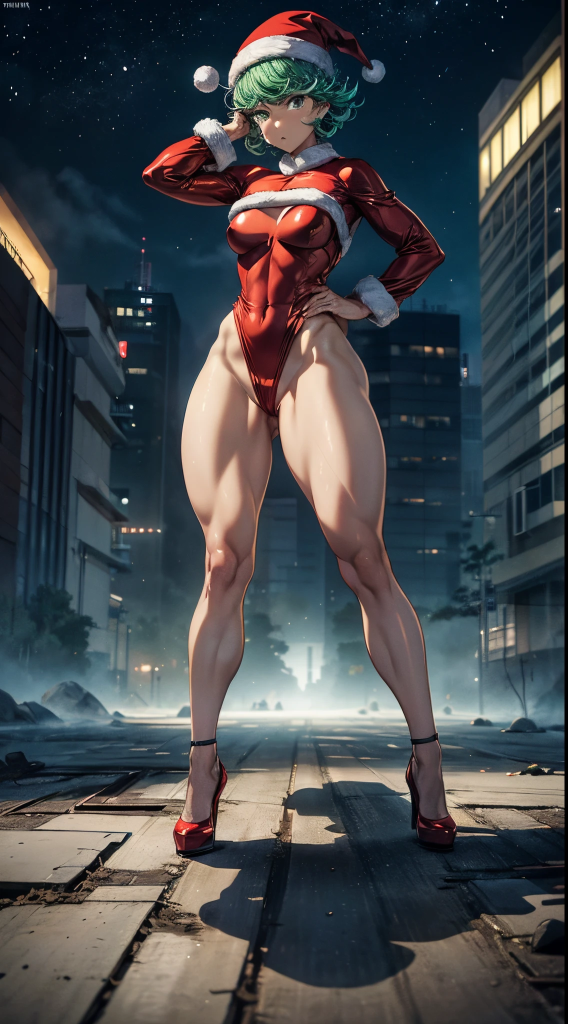 (((1 girl))), wearing the Santa hat, (Tatsumaki of a punch man), (short green hair), (green eyes), small chest, (((wearing sexy red Santa Claus outfit with comes out very short))), (((full body view))), (in the city of Tokyo Japan at night with starry sky and full moon in the sky), (((beautiful and muscular legs))), slim waist, muscles on the abdomen, big ass, (((full body photo))), red high heel shoes, (facing me with her hands on her waist in a bad mood), (((grumpy))), (HDR) , eye flare, extended eyes, extended eyes, Moody, anime, minimalism, anime style, ray tracing, Cinematic lighting, Cinematic lighting, shine, shine, JPEG artifacts, bright light, god rays, ray tracing, drop shadow, panorama, Sony FE, from Behind, Under, Under, UHD, piece of master, precise, accurate, anatomically correct, Super Detalhe, high quality, best quality, very high, 16k