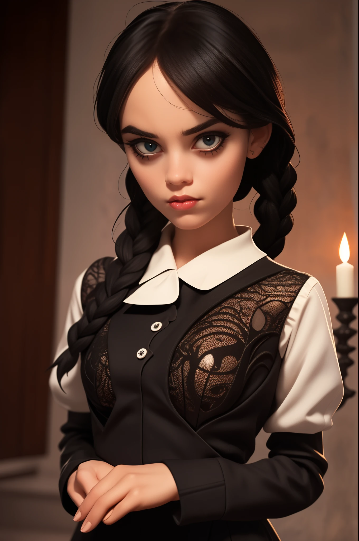 a creepy Wednesday Addams,illustration,gothic,spooky,black and white,vintage,dark atmosphere,detailed eyes,detailed lips,pale skin,expressive eyebrows,haunting,old mansion,creepy dolls,cracked porcelain,victorian fashion,loose braids,ominous background,stormy weather,candlelight,shadowy corners,haunted staircase,macabre,retro,moody lighting,thunder and lightning,spiderwebs,attic,antique furniture,intricate lace,soft focus,vintage portrait,captivating gaze,subtle smile,foreboding presence,creepy innocence,hint of darkness,sepia tones,gloomy ambiance