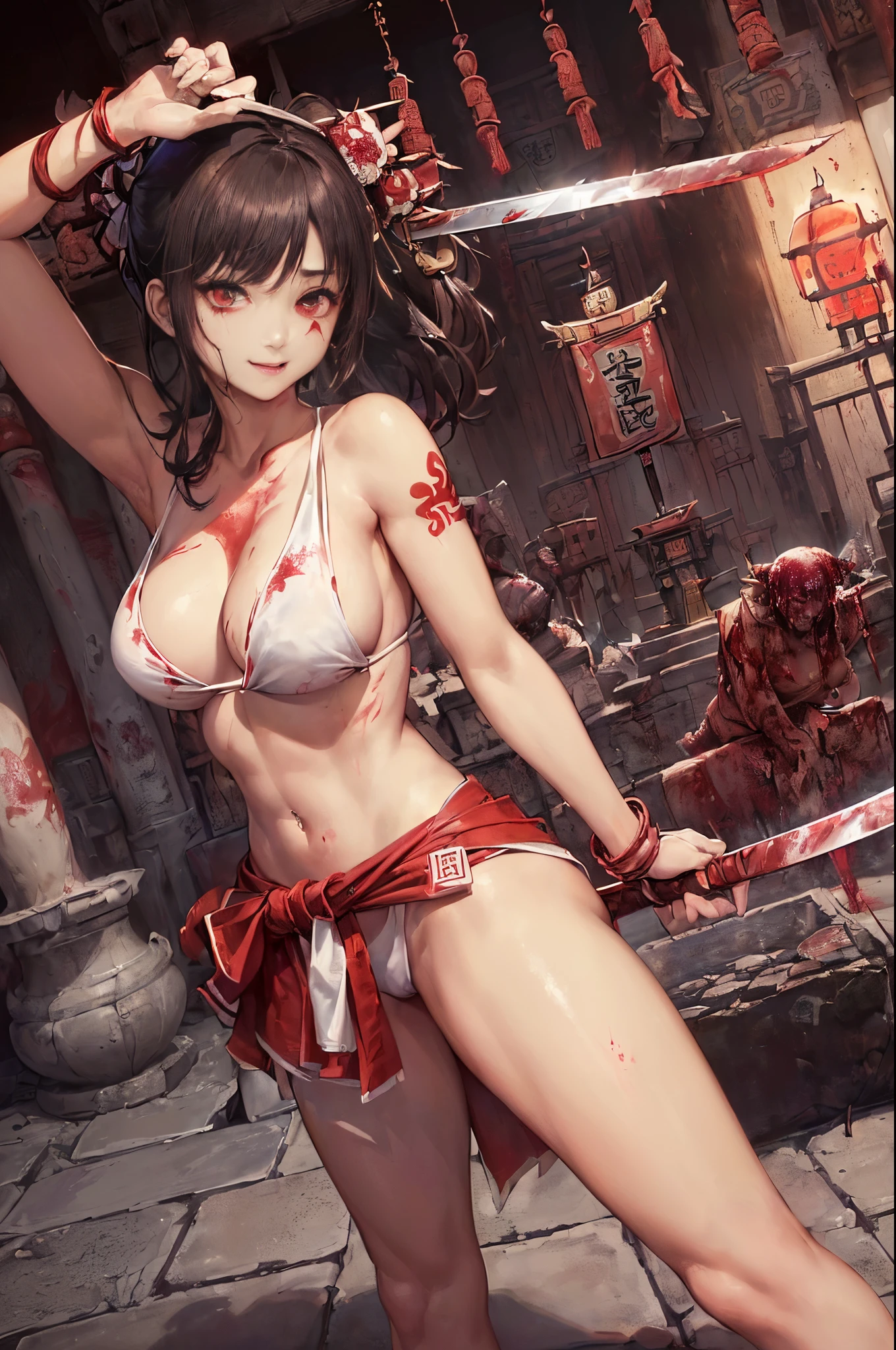 top-quality、Top image quality、in 8K,4K,masterpiece、(NSFW:1.1)、ultra-detailliert、Beautiful、ultra-quality、adult-like、Cool、((Undersized breasts:1.4、Narrow cleavage, under the boobs, (Bloods:1.4), wounds, (Bloody:1.1), Blood everywhere, (Blood on clothes:1.1), blood pool, (Covered with blood:1.3))、girl with(((18year old、wrap a bloody white cloth around your chest:1.2、Wrap a bloodstained white loincloth around your waist:1.3、poneyTail:1.2、dark brown hair:1.3、wears disheveled armor:1.3、wear a torn hakama:1.2、Putting out fangs:1.5、Holding a Japan sword in his right hand:1.3、He holds a Japanese sword sheath in his left hand.........:1.3、Hold the Japanese sword vertically with your right hand........、swinging a Japanese sword down from above、Cut the Rakumusha Zombie vertically:1.5、Red Eyes、erotick:1.4、Happiness、The tattoo)))、hiquality、visualart、Background with((Burning Temple:1.3、a temple background:1.3、A horde of Rakumusha zombies attack:1.3))、masutepiece