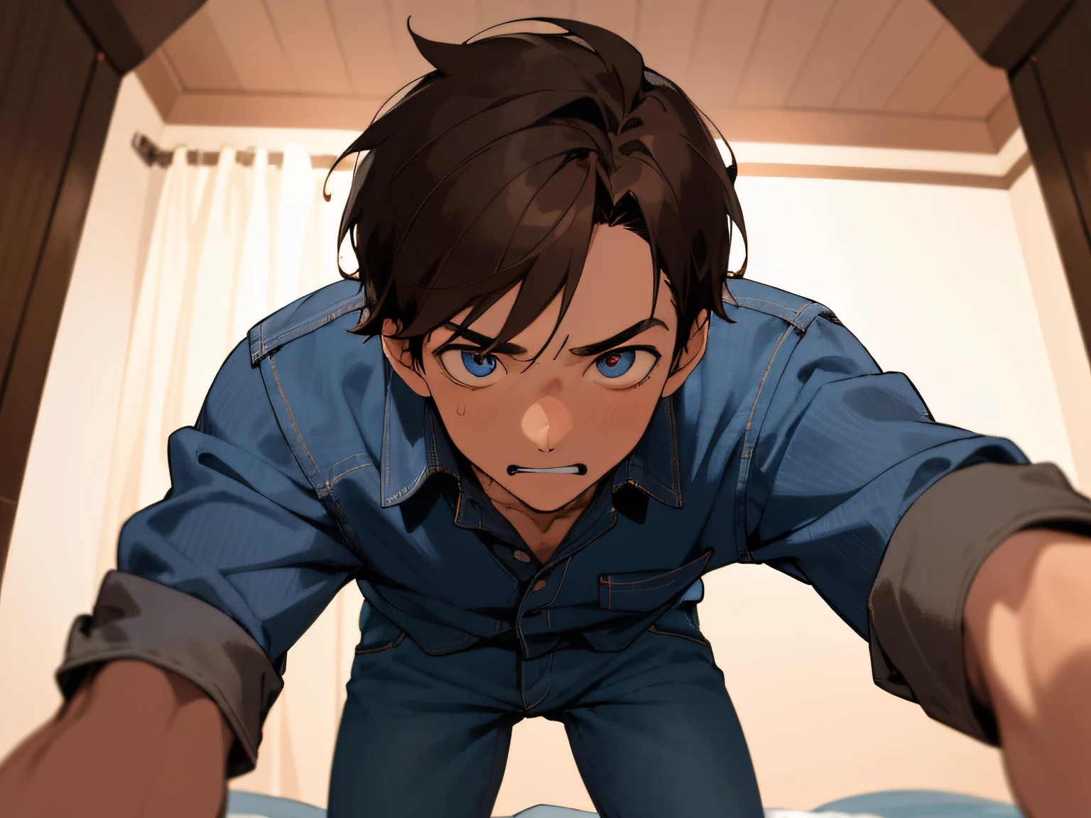 Year's on、elder brother,male people, 30-years old,1 boy、Brown hair,Blue denim shirt,eyes are brown,extreme close - up,Angle from below,perspiring,Impatient expression,Background Hotel,a bed,natta