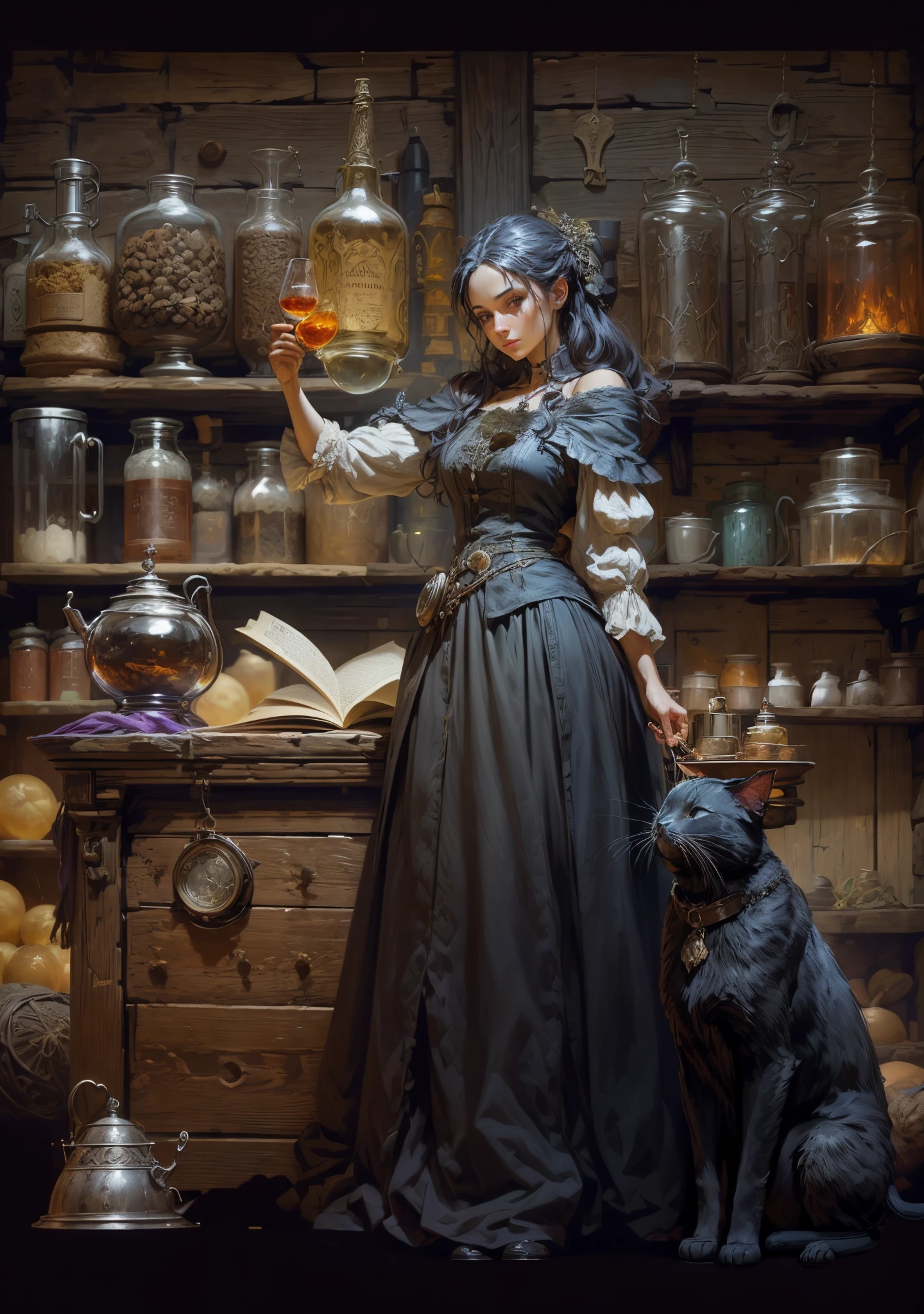 painting of a woman in the kitchen with (cat) and a pot, she is in a potion workshop, in a potion shop, (pot of potion), smoke, Casting a spell on a potion, inspired by Ruth Sanderson, Painting one health potion, Victorian alchemists, apothecary, Romance novel cover , potion, wizard's apothecary, Cynthia Sheppard, wood floor, apothecary, potion, Romance novel cover, (Casting a spell on a potion), (European face)