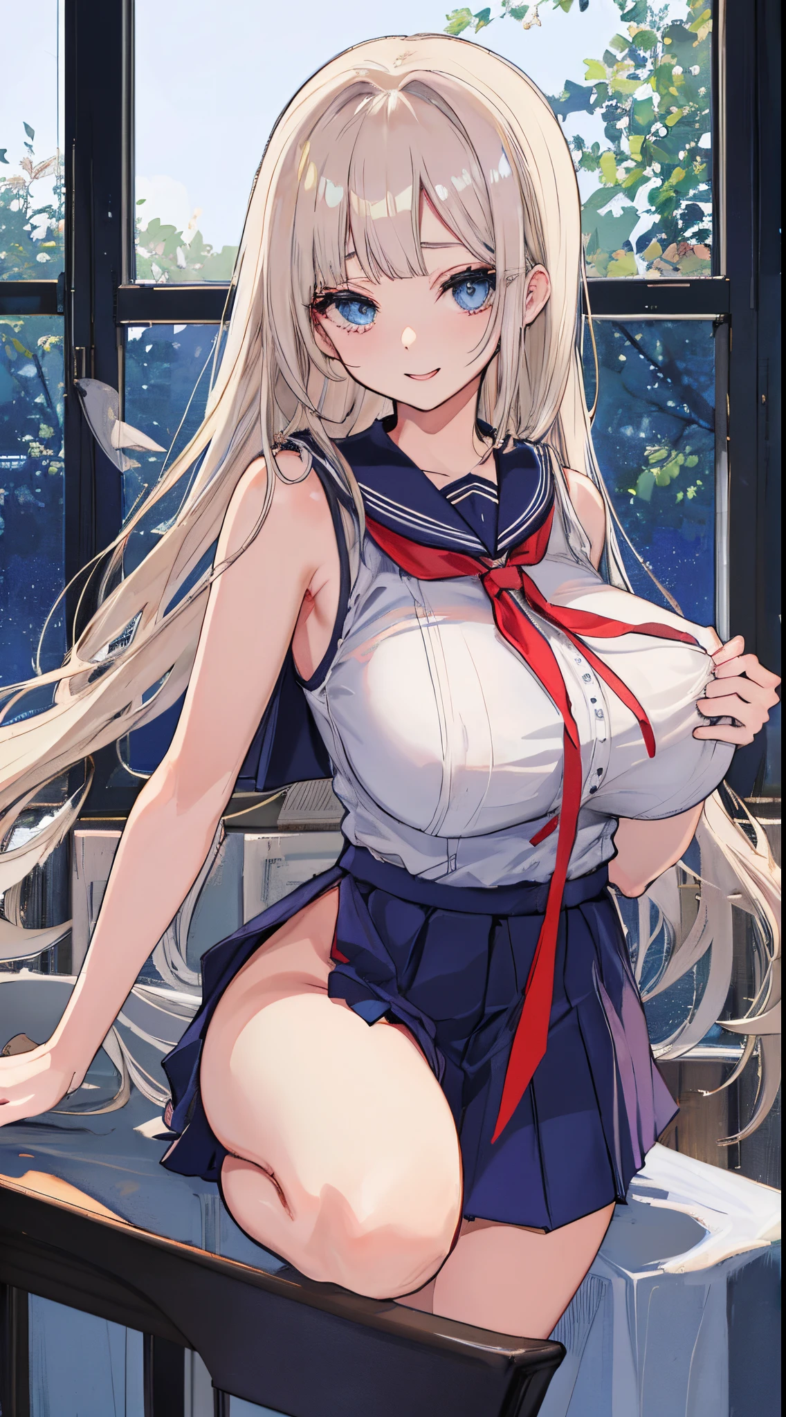 top-quality、realistic touch,high-detail、photoRealstic、Long body、captive beauty、big eye、Colossal tits、Strong platinum blonde eyelashes、platinum-blond、full body Esbian、Sparkling eyes、Submissive smile、Flushed cheeks、Kamimei、thin-waist、Voluptuous thighs、Enraptured look、Raked bangs、The forehead is protruding、Tight sailor uniform、sleeveless、Tight and short skirt with a large slit、Inside a school classroom、She isn't not wearing panties、High-waisted skirt