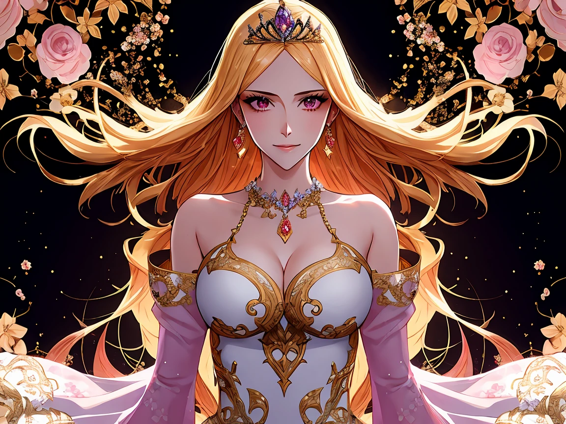 shoujo-style, ((floral background, romance manhwa)), (1girl:1.2), solo, blonde hair, solo, long hair, floating hair, flower, dress, long skirt, thick eyeblows, flower, straight hair, (blaid), smile, closed mouth, collarbone, large breast, (cleavage), puffy sleeves, white dress, purple dress, elbow gloves, earrings, necklace, (tiara), jewelry, golden, lace trimmed, bow, (upper body), wide hips, beautiful face, detailed eyes, pupil, looking at viewer, dynamic cut, dynamic angle