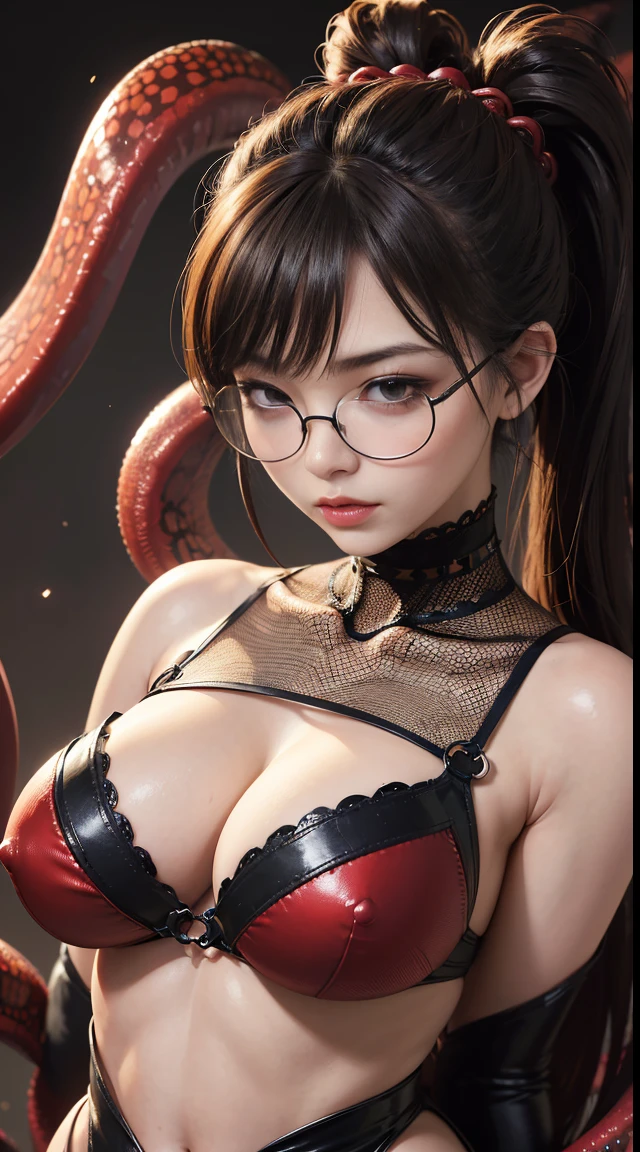 Fine、(The best illustrations)、8k UHD resolution、intricate-detail、top-quality、realisitic、ultra-detailliert、The best lighting、Best Shadows、Soft lighting、Ulutra HD、Ultra-realistic、Tindall Effect、Photorealsitic、(High Detail Skins:1.2)、 (Intricate details, makeup, pureerosface_v1:0.5), (Detailed beautiful delicate face, Detailed beautiful delicate eyes, A perfectly proportioned face, High detailed skin, Detailed skin, best ratio four finger and one thumb, arms below breasts, Tattoo with a red glow under the stomach、Awesome awesome, wide hips, smooth midriff, skiny and thin, __Fashion__, __hair__:1.25)、Digital SLR、 absurd realistic work: 1.3), (max resolution: 1.2), (Ultra HDTV: 1.2), cinematric light, Detailed eyes and skin, detailed facial features, , (Sharp Focus: 1.2), (Focus on Face:1.2),Perfect Style, Beautiful face, acurate, Anatomically correct, Highly detailed face and skin texture, Detailed eyes, Double eyelids, Thin eyebrows, Glitter Eyeliner: 1 Natural cheeks, Glossy skin, Fair skin: 1.2, (Glossy lips: 1.4),(Shy look: 1.2),Highly detailed facial and skin texture, Detailed eyes, Double eyelids, Natural cheeks, shiny lips: 1.4,Exposed cleavage、Bewitching。a 、Seductive、dark brown hair。Evil Nun、Torn monastic clothing、corset fishnet stockings、Chest emphasis、((((Huge glasses, Otaku Glasses, thick glasses, Round glasses)))),(((Colossal tits)))、The long-haired、hair without braids、Ponytail distortion、, Ponytail with a bow tied at the back of the hair, Beautiful expression、Body Up、Big breasts emphasis, Super tight breasts, Breast augmentation surgery, The breasts are very big and round and round,Toned waist、Wide buttocks、intricate tattoos, demonic intricate tattoos, thigh tattoos, body tattoos, Red sparkling gemstone necklace、Jewelry Gwise, wearing black mesh socks,Wear light red、nffsw, nffsw, Meet beautiful girls, Look at the girl's body, In the Dark、(Detailed spooky backgrounds:0.8)、((Intertwined tentacles :1.2 ))、(Entangled tentacles ), (tentaculata :1.2)