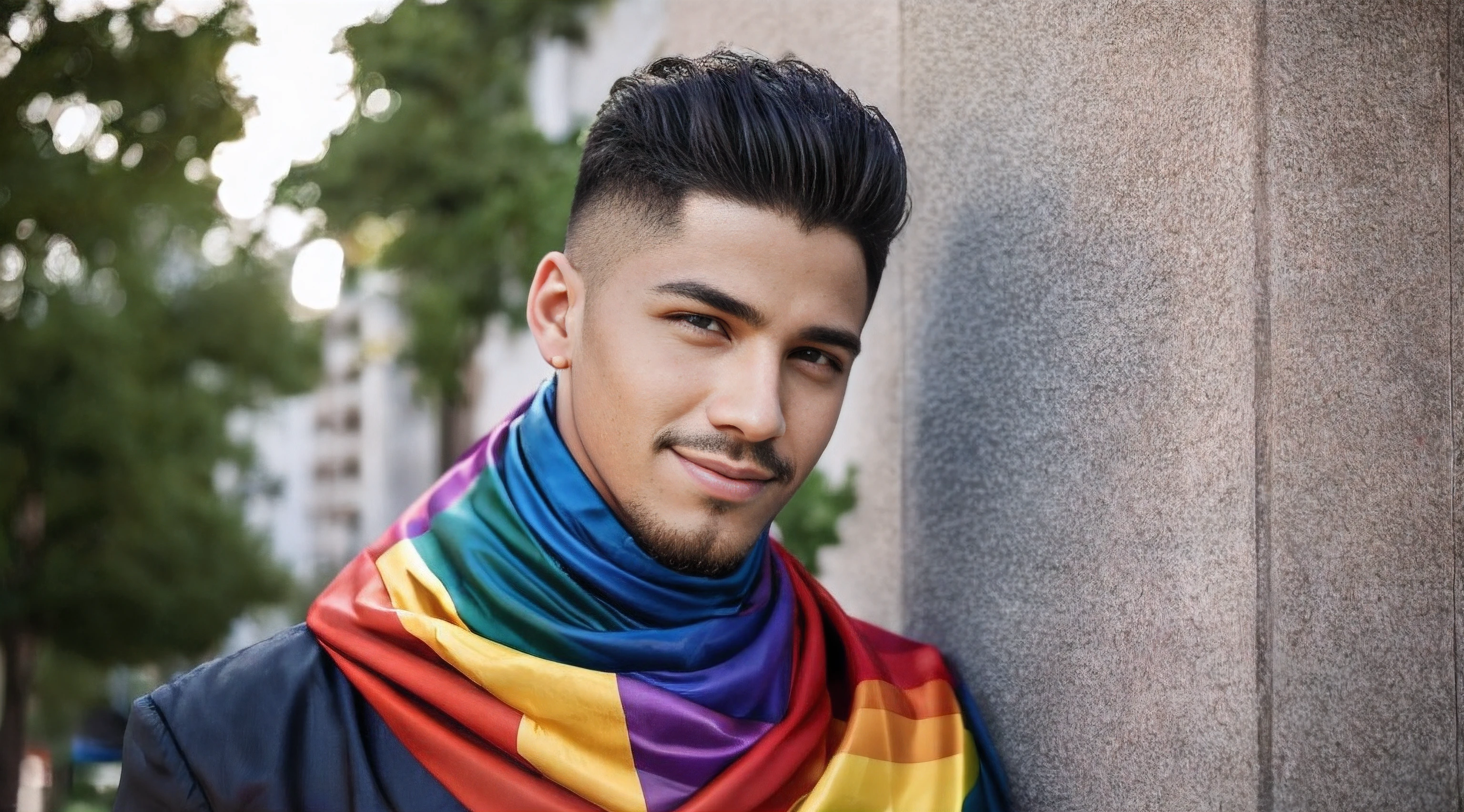 Hombre LGTBIQ. Art style that celebrates diversity and gender identity in the LGTBIQ community. fotorrealismo, hiperrealismo, UHD resolution. Focus on presenting an LGBTQ man with authenticity and pride, Show your gender identity free of stereotypes. Capture the joy and expression of the individual while celebrating their identity and diversity. Use colores y tonos que reflejen la positividad y la vibrante diversidad de la comunidad. Lighting that enhances the details of the man's face and attire, transmitiendo su fuerza y coraje. Detalles precisos de la pose y la mirada del hombre, destacando su actitud segura y confiada. Include symbols or elements that represent LGTBIQ pride and the struggle for equality. Inspira un mensaje de respeto, acceptance, y apoyo a la comunidad LGTBIQ.