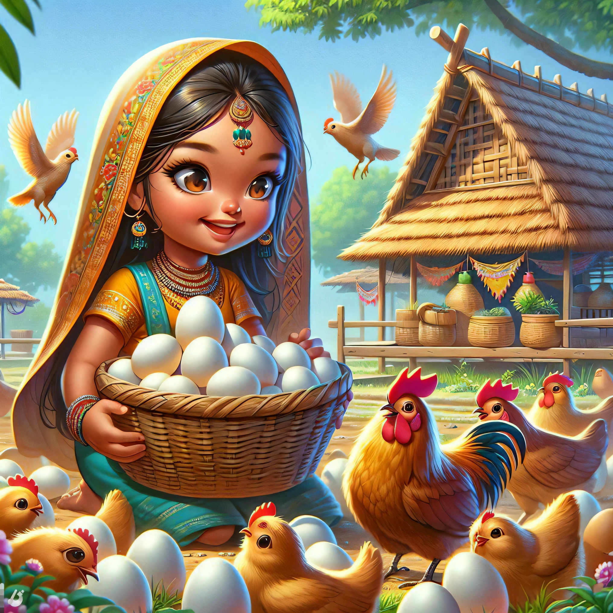 a close up of a girl holding a basket of eggs with chickens, cute detailed digital art, 4k detailed digital art, detailed painting 4 k, a beautiful artwork illustration, 4k highly detailed digital art, 8k high quality detailed art, cute detailed artwork, beautiful art uhd 4 k, 4k detailed art, eastern art style, beautiful digital artwork