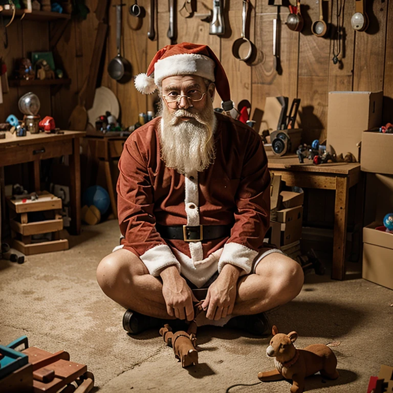 santa sitting in his workshop with kids and animals and lots of toys