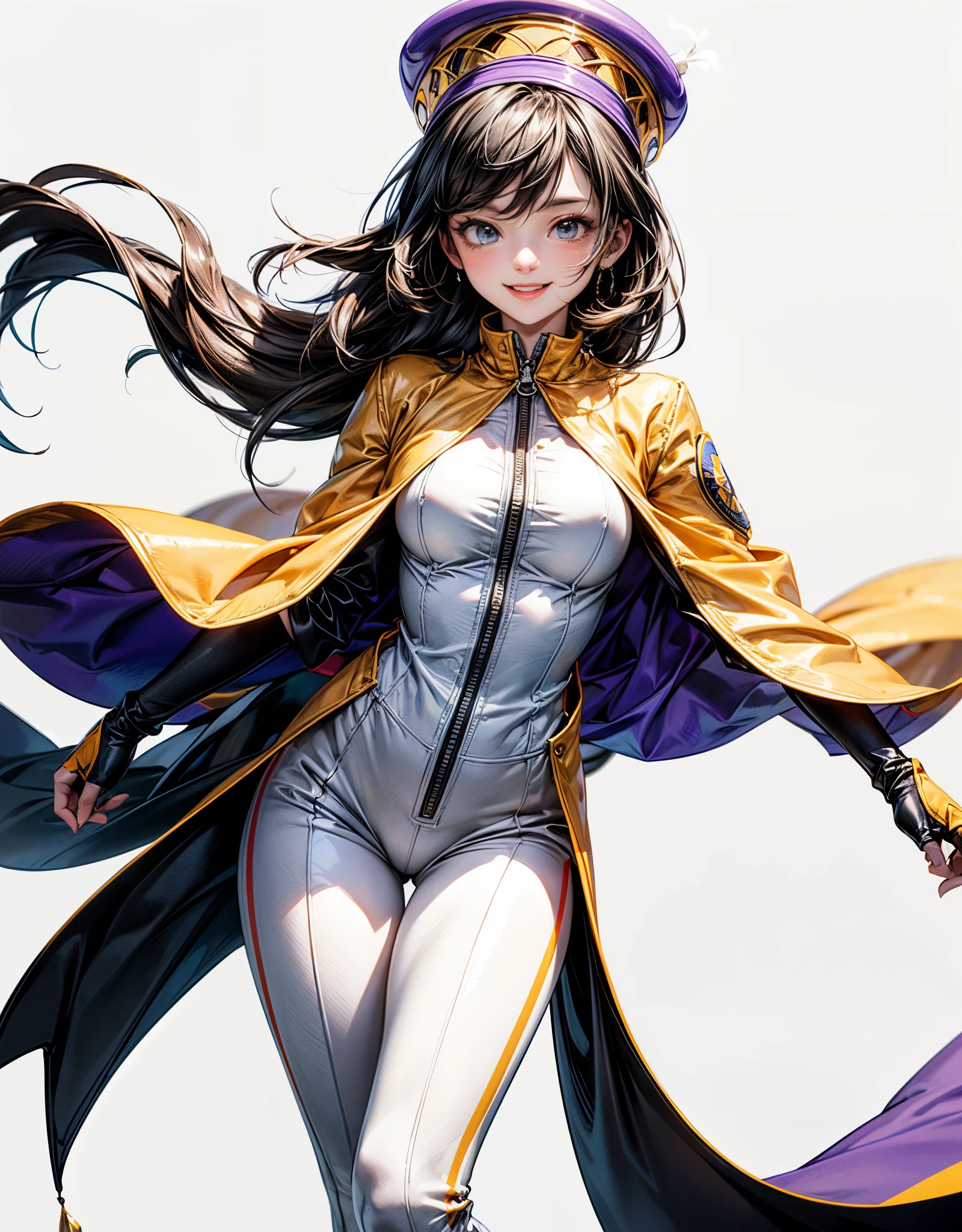 "HD with precise details, cartoon style. | On a white background, a character with a captivating smile stands out. Wearing a white helmet, orange jumpsuit with a letter A on his chest and purple gloves, the character standing with an arm raised. | The composition focuses on the cheerful character, highlighting details such as the contagious smile and the lively posture. The white helmet adds a touch of uniqueness, while the orange jumpsuit with the letter A provides a unique identity. | Attention directed to the cartoon character, with emphasis on facial expression, vibrant colors and dynamic position. The white background creates a contrast, the character the main focus of the image. | Drawing of a cartoon character with a white helmet, orange jumpsuit, letter A on the chest and purple gloves, smiling and with a raised arm, in HD details | (perfect_pose), He adopting a ((dynamic_pose as stands, confidently with one arm raised):1.erfect_hands, perfect_fingers, perfect_legs, better_handull_body)), More_Detail".