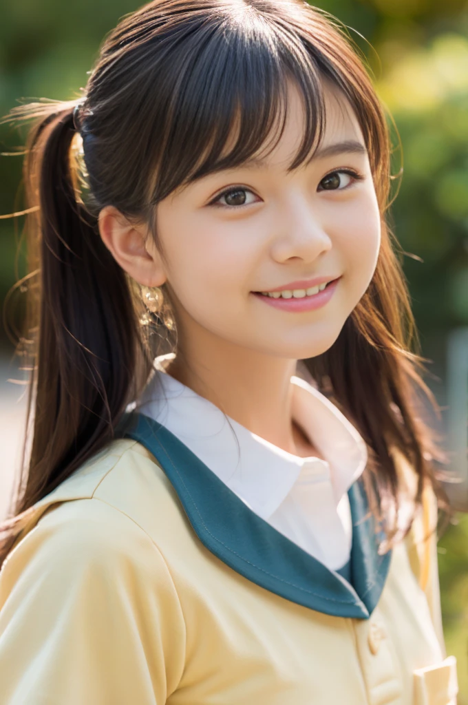 matured female , best quality, hires, detailed face , blouse , smile,Twintails, Japanese school uniform, solo, sexy