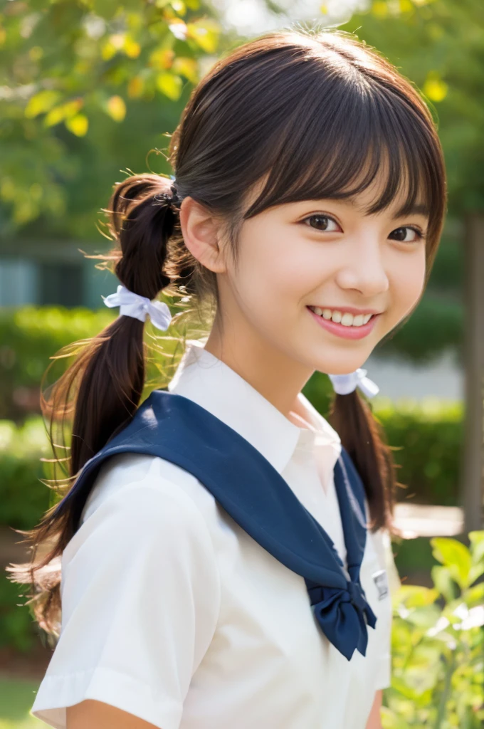 matured female , best quality, hires, detailed face , blouse , smile，Twintails, Japanese school uniform, solo, sexy