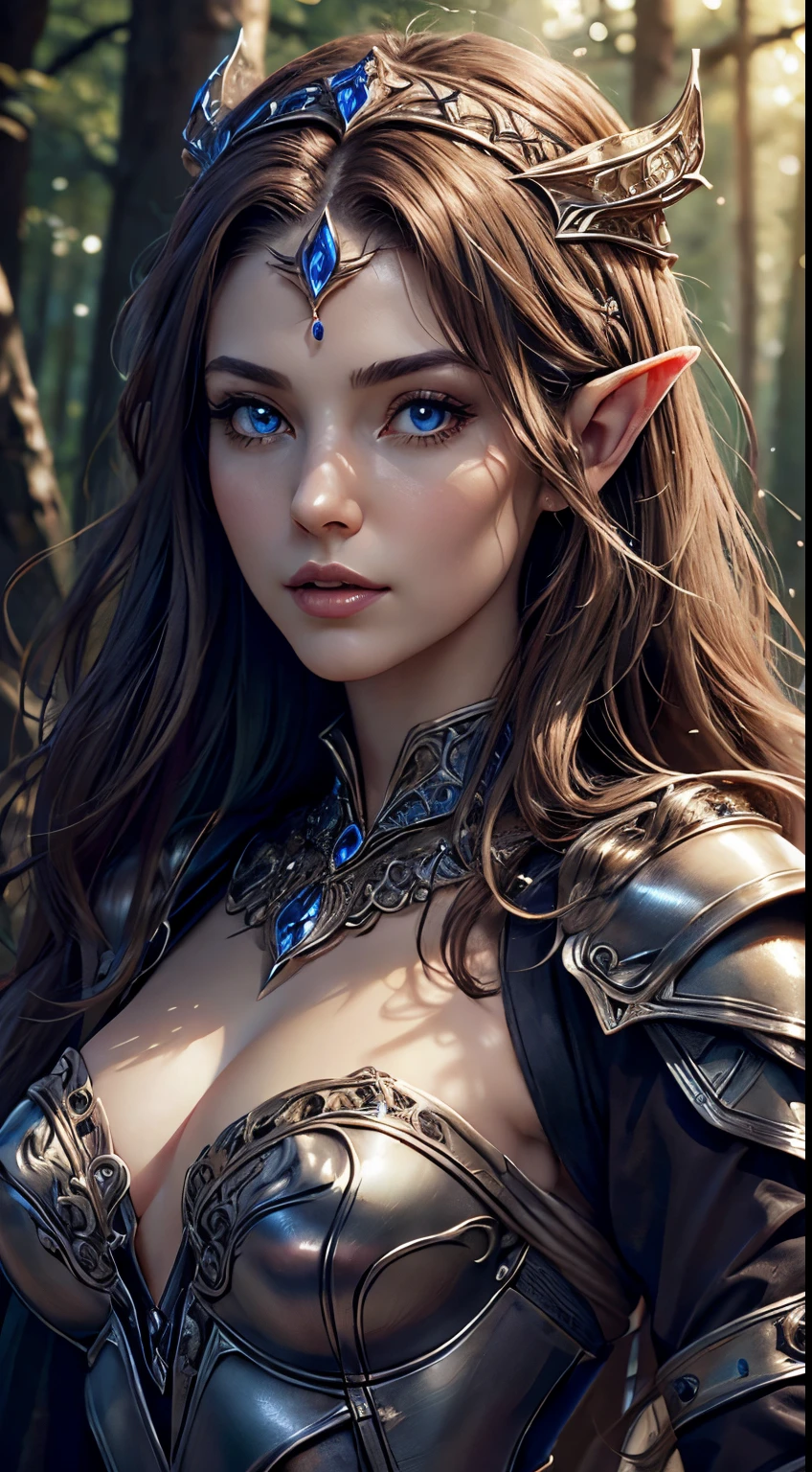 1 woman, mature woman, solo focus, 25 years old, beautiful elvish woman, long brown hair, intricate headpiece, intricate armored dress, medium breasts, bluish eyes, masterpiece, ultra HD, insane details, realistic, detailed face, detailed skin texture, blurred background, forest,