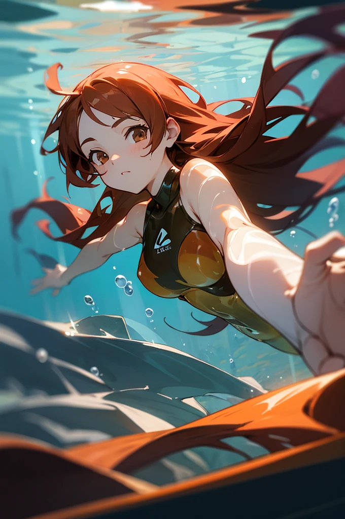 foreshortening, depth of field, masterpiece, best quality, 1girl, fire hair, brown eyes, long hair, underwater, air bubble, solo, looking at viewer, knight swimsuit, swimming, dappled sunlight,