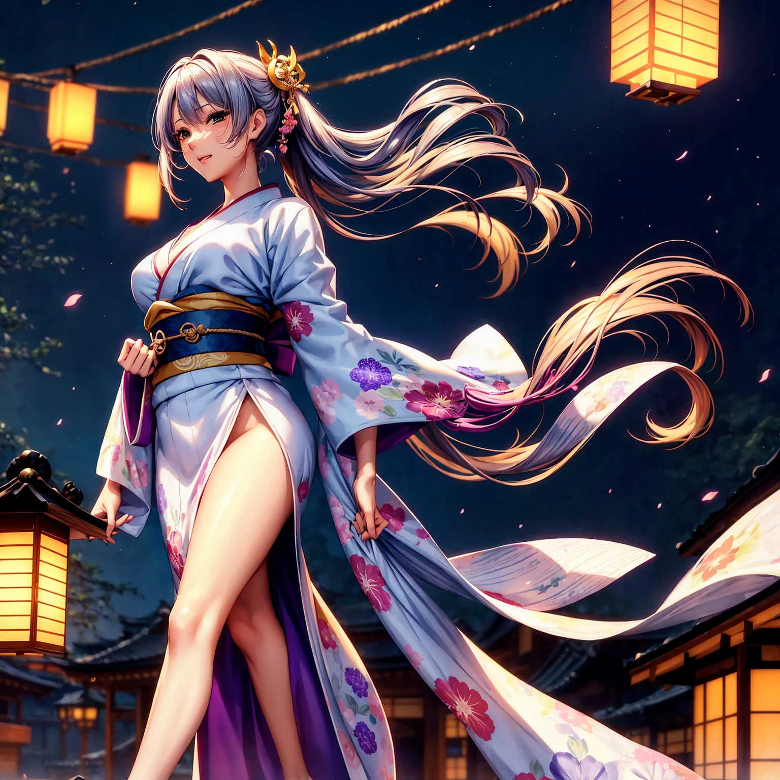 (top-quality、​masterpiece、very high res、超A high resolution,High resolution details 1.5)、A woman of perfect and ultimate beauty(24 years old 1.5)、(Beautiful breasts and body shape 1.5)、Beautiful body、美丽的面容、large pink,Long hair,colorful and beautiful hair、Japan hair ornament,realistic textured skin,Wearing a beautiful Japanese long kimono,Kimono has colors and patterns.,Kimono sleeves and obi are long,Arms outstretched,Exposed shoulders from kimono,I can see the cleavage,Bright smile,Mouth opens,Hair flutters under the influence of the wind,The sleeves and obi of a kimono flap due to the wind.,that is a mysterious place,Fantastic night sky and beautiful full moon,Lantern light,Beautiful Landscapes、(The whole body,thigh visible,accurate ???????、extremely detailed picture、Accurate images、Perfect Image 1.5)、、beautiful anime woman, Beautiful Art Style, an animated character、The whole picture、Detailed picture、Defect-free images、natural soft light、beautiful image、、(Best Shot 1.2)
