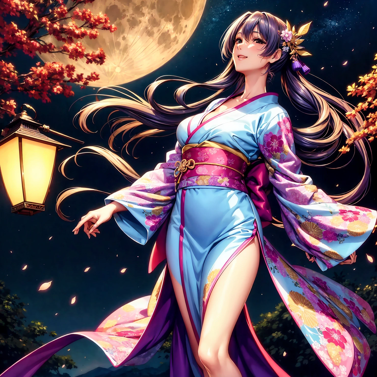 (top-quality、masterpiece、very high res、超A high resolution,High resolution details 1.5)、A woman of perfect and ultimate beauty(24 years old 1.5)、(Beautiful breasts and body shape 1.5)、Beautiful body、美丽的面容、large pink,Long hair,colorful and beautiful hair、Japan hair ornament,realistic textured skin,Wearing a beautiful Japanese long kimono,Kimono has colors and patterns.,Kimono sleeves and obi are long,Arms outstretched,Exposed shoulders from kimono,I can see the cleavage,Bright smile,Mouth opens,Hair flutters under the influence of the wind,The sleeves and obi of a kimono flap due to the wind.,that is a mysterious place,Fantastic night sky and beautiful full moon,Lantern light,Beautiful Landscapes、(The whole body,thigh visible,accurate anatomy、extremely detailed picture、Accurate images、Perfect Image 1.5)、、beautiful anime woman, Beautiful Art Style, an animated character、The whole picture、Detailed picture、Defect-free images、natural soft light、beautiful image、、(Best Shot 1.2)