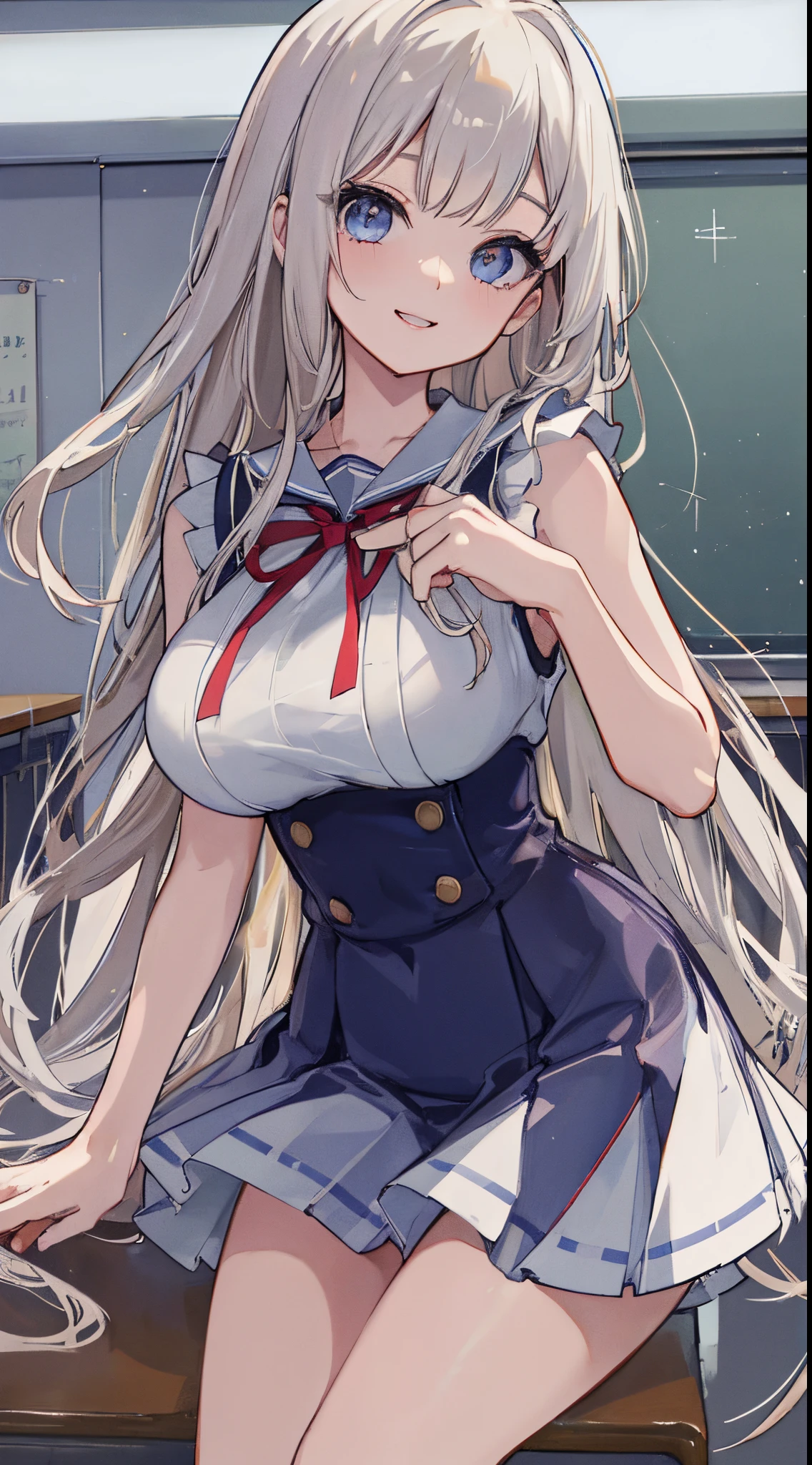 top-quality、realistic touch,high-detail、photoRealstic、Long body、captive beauty、big eye、Colossal tits、Strong platinum blonde eyelashes、platinum-blond、full body Esbian、Sparkling eyes、Submissive smile、Flushed cheeks、Kamimei、thin-waist、Voluptuous thighs、Enraptured look、Raked bangs、The forehead is protruding、Tight sailor uniform、sleeveless、Tight and short skirt with a large slit、Inside a school classroom、She isn't not wearing panties、High-waisted skirt