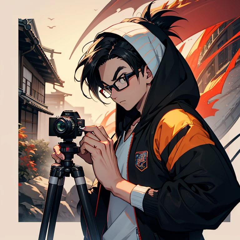 ((A man takes a photo of the lens with a DSLR camera:1.2)),frontage,Wear a hoodie,Wear glasses ,black hair,Sony camera,Dragon Ball painting art style,Japanese cartoon style,Monochrome art background,