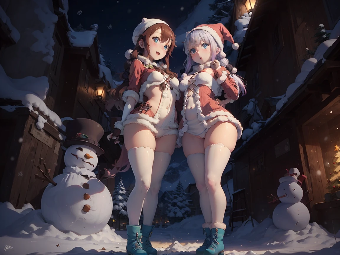 2girls, (master piece: 1.1), (imsaikawa, imkanna), (imsaikawa with green eyes), green eyes, (imkanna with blue eyes and twintails), (fullbody, standing), (detailed eyes, high details faces), cute face, blush BREAK both wearing white snow boots, happy, winter clothes, wearing cold clothes, cold gloves, colorful coat, (santa hat on the head), fluffy coat BREAK ((well-detailed fingers, well-detailed hand), better_handREAK winter background, white and blue, snow, ((christmas trees, snowman, christmas background)),