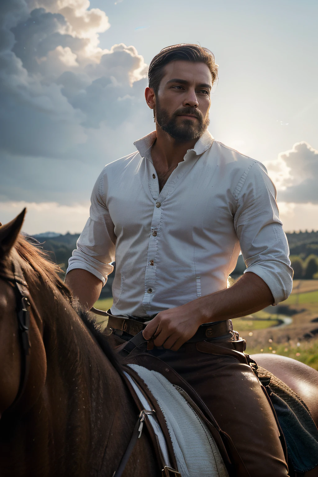 uma fotografia profissional premiada de (1 homem:1.3) Caucasiano com olhos castanhos, penteado curto masculino e barba longa em forma de caixa na cor titian, vestido como cowboy sorriso triste, montando um cavalo branco em Experimente a bela paisagem sueca, fotorrealista, fundo nebuloso, Magic, Volumetric lighting, luz dura, incredible sense of depth ,(epic scene:1.3),Personagem ultradetialed com rosto perfeito,pele detalhada,(ultrasharp:1.3),(master part:1.1),best quality,(fotorrealista:1.2),ultrarrealista,personagem ultradetalhado realista,Qualidade perfeita 4K, by Robert Frank Moonlighting camera angle from the front and focus on the face Magnificent,Imperceptible detail,intrinsecamente projetado, (rosto de qualidade perfeita:1.5) complexo hiperdetalhado, insanamente detalhado, roupas detalhadas, pele detalhada, corpo detalhado, , 1 homem, Luzes realistas, sombras realistas, foto profissional RAW, Canon EOS 5D,, fotorrealismo
