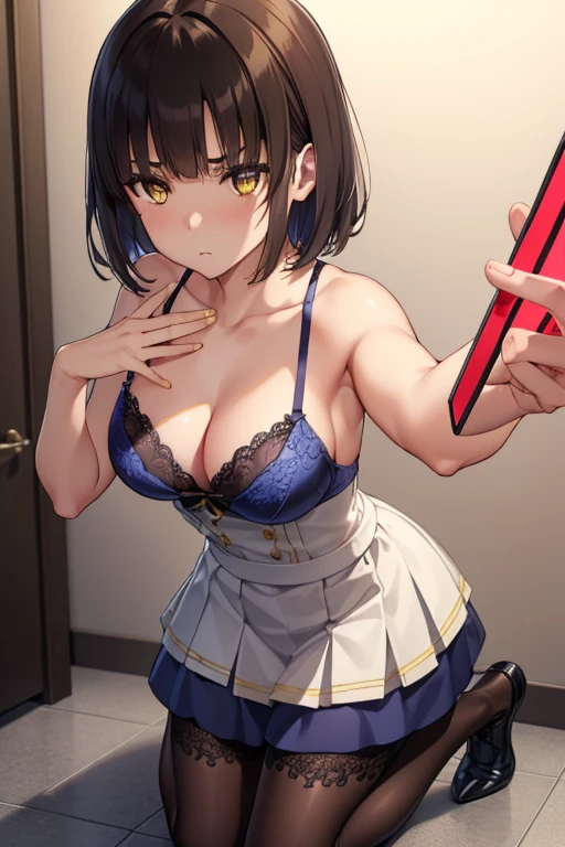 ((full body)), ((full pose)), ((medium )), ((mad face:1.4)), ((selfie:1.4)), ((kneeling on floor)), ((bathroom background)), megumi katou, brown hair, short hair, (yellow eyes:1.5), ((black pantyho (black lace bra)), ((blue skirt)), ((black lace pantieasterp.2), best quality, high resolution, unity 8k wallpaper, (illustration:0.8), (beautiful detailed eyes:1.6), extremely detailed face, perfect lighting, extremely detailed CG, (perfect hands, perfect anatomy),