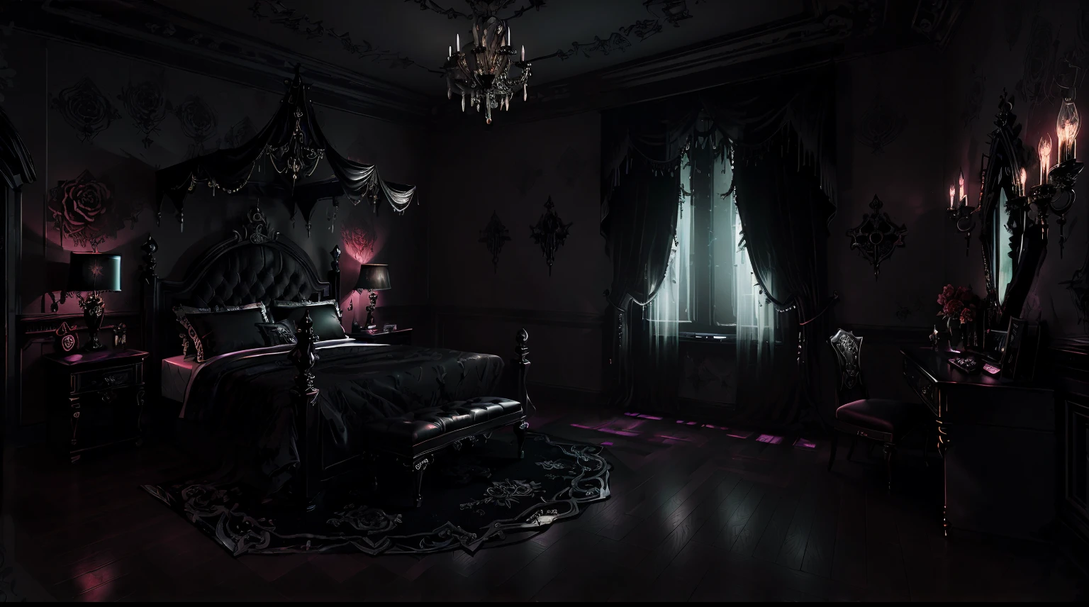 ((Superior quality,UHD,Masterpeice)), roses, baroque style bedroom, ink drip, glimmer, bokeh, gothic crystalloluminescence lighting,gothicpunkai