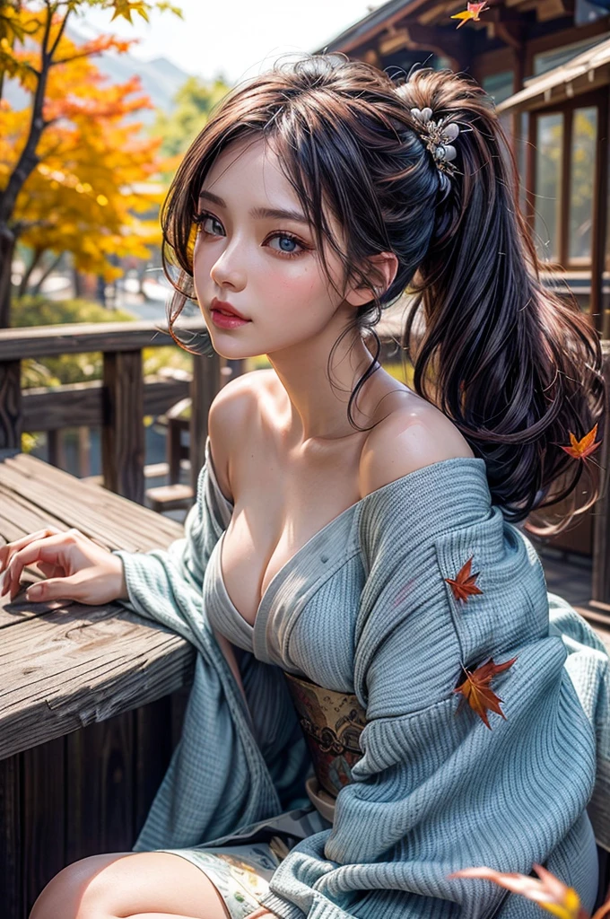 (masutepiece:1.Photoreal Stick:1.4, 8K), top-quality, ​masterpiece, 超A high resolution, Professional camera work, Grow Light Effect, Realistic portrait, Cinematic Light, Highly detailed skin and facial texture:1.Perfect dynamic composition, The ultra-detailliert, A detailed eye, Detailed limbs, autumn night, Lit up, Autumn foliage scenery:1.2, 1girl in, Cute sexy 20 year old slim woman, Fair skin, Autumn leaves are dancing:1.2, (Enraptured look:0.9, Totally captivates you:1.0), (Silver kimono:1.32 off shoulder), (voluptuous breasts:0.9), (Backshots, Calm pose), (Beautiful blue eyes, Eyes that feel beautiful eros:0.85), Sexy face:0.4, (A mouthfeel that feels beautiful eros:0.85), ((Too cute beauty:0.9))