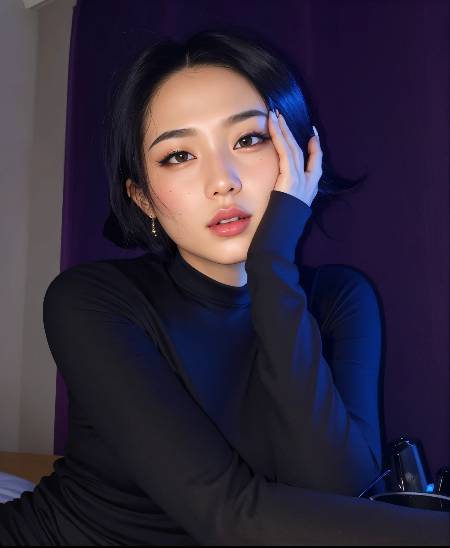puffy woman in a black shirt sitting on the bed with her hand on her head, cindy avelino, gemma chen, Xision Wu, Mai Anh Tran, Natasha Tan Maciej Kuciara, a young asian woman, dilraba dilmurat, an Asian woman, basia tran |, with black glossy lips, Lulu Chen, com cabelos curtos