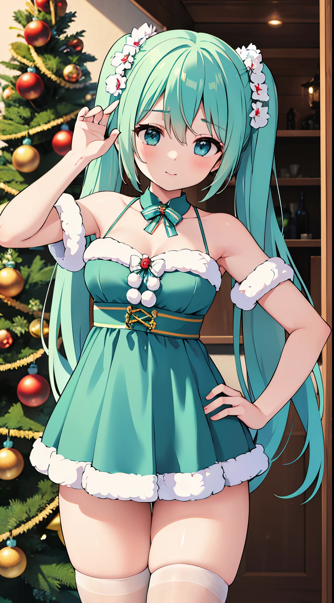 (absurdres, highres, ultra detailed, HDR), masterpiece, best quality, headshot of hatsune miku in Christmas costume, striking pose, detailed scenery