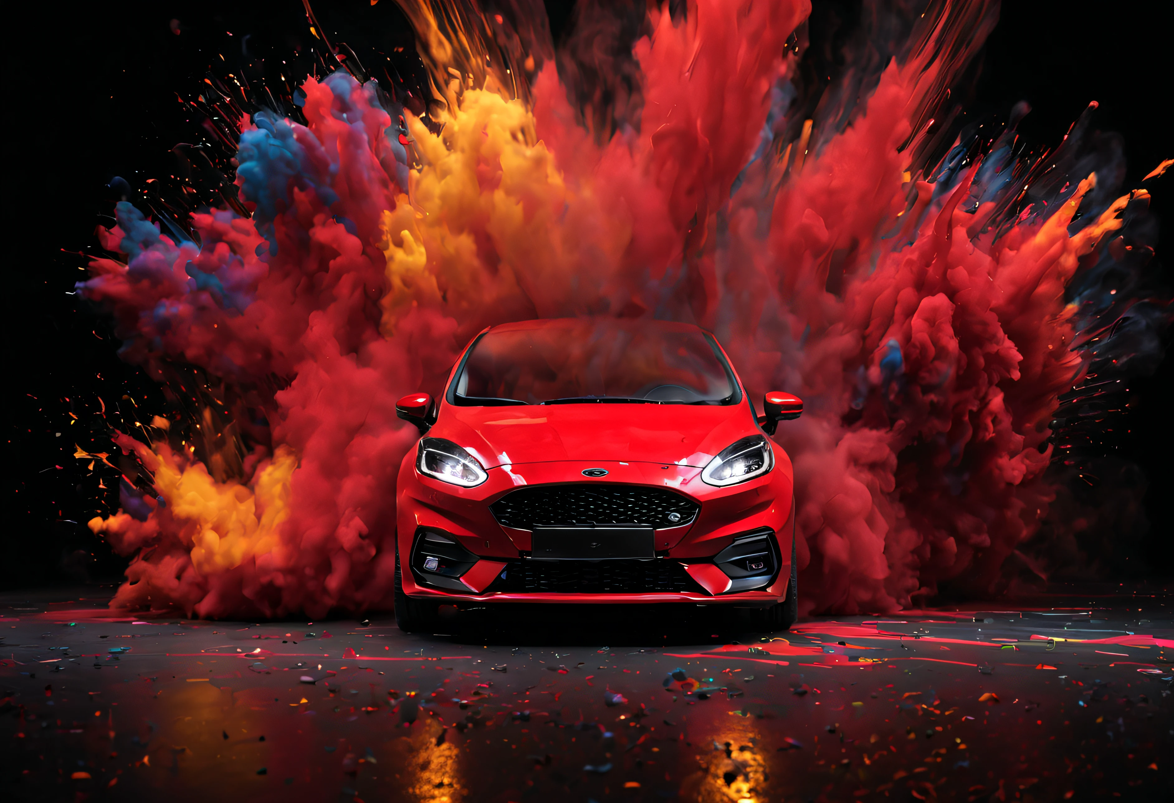 ford fiesta ST 2020 rouge 3 portes, dans un studio photo, avec un fond noir, avec une explosion de peinture multicolore sur la voiture, 4K quality, high-definition