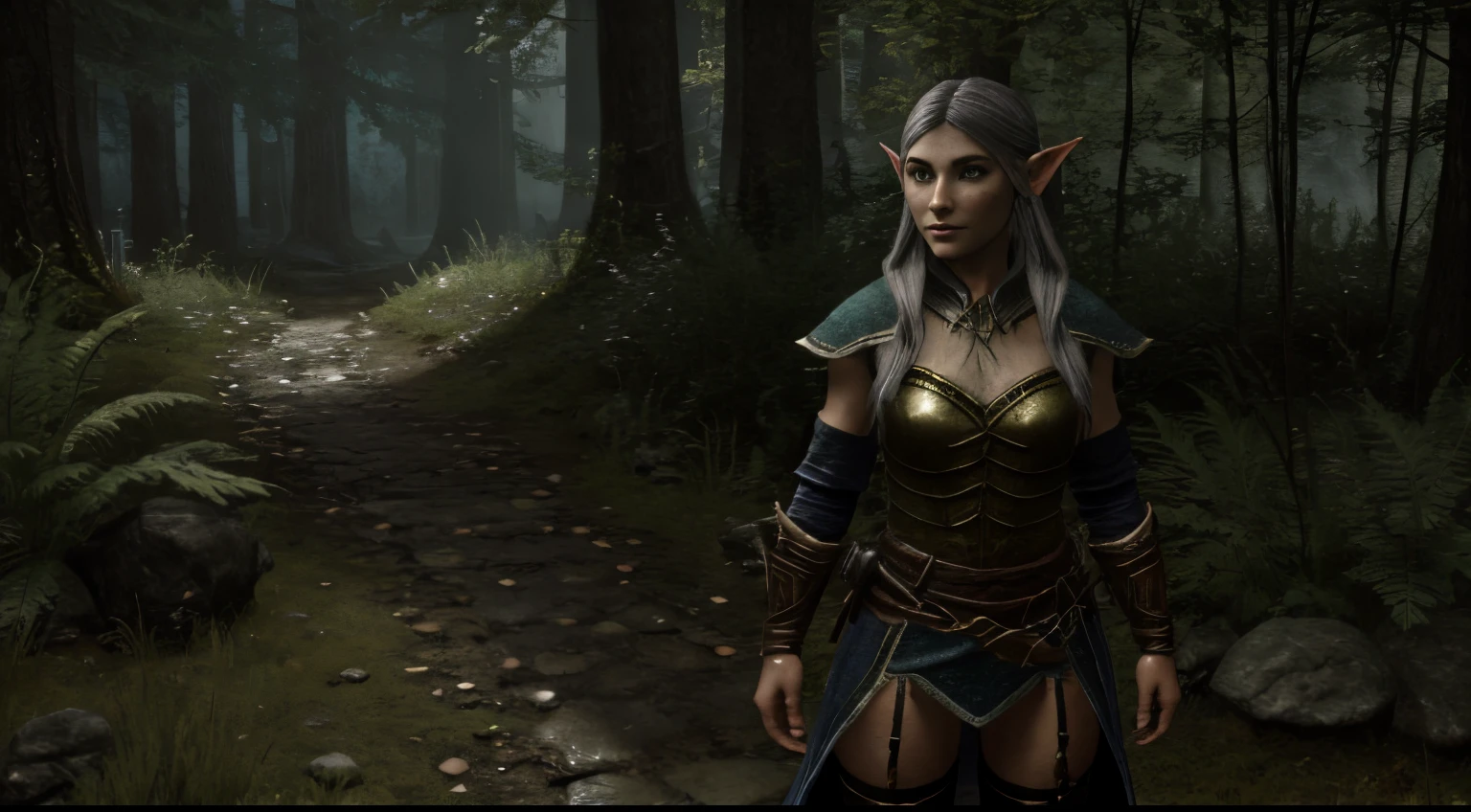 Girl magician Skyrim in the forest elf Skyrim art 3D realistically detailed in full growth