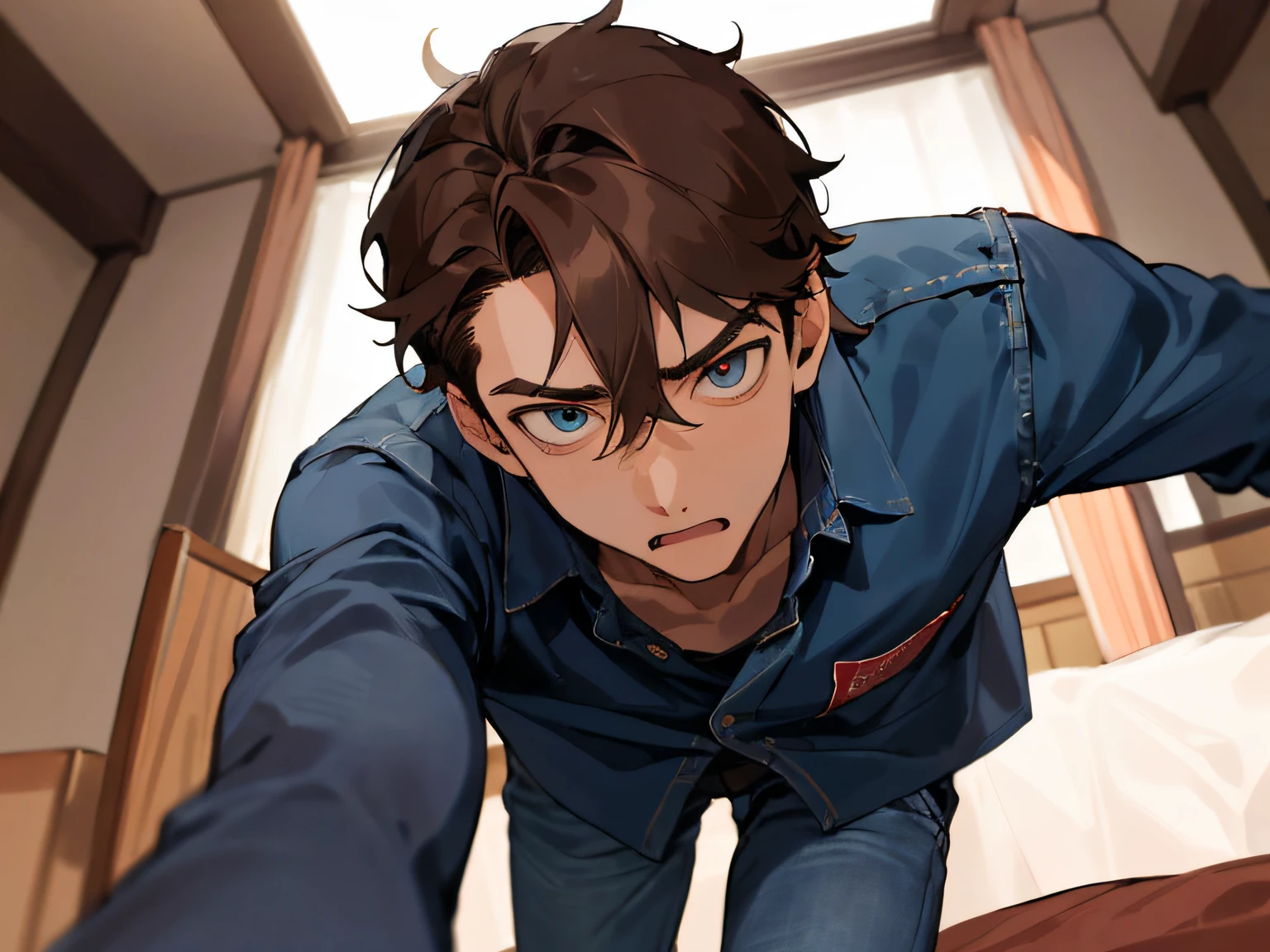 Year's on、elder brother,male people, 30-years old,1 boy、Cool,Brown hair,Blue denim shirt,eyes are brown,extreme close - up,Angle from below,perspiring,Impatient expression,Background Hotel,a bed,natta