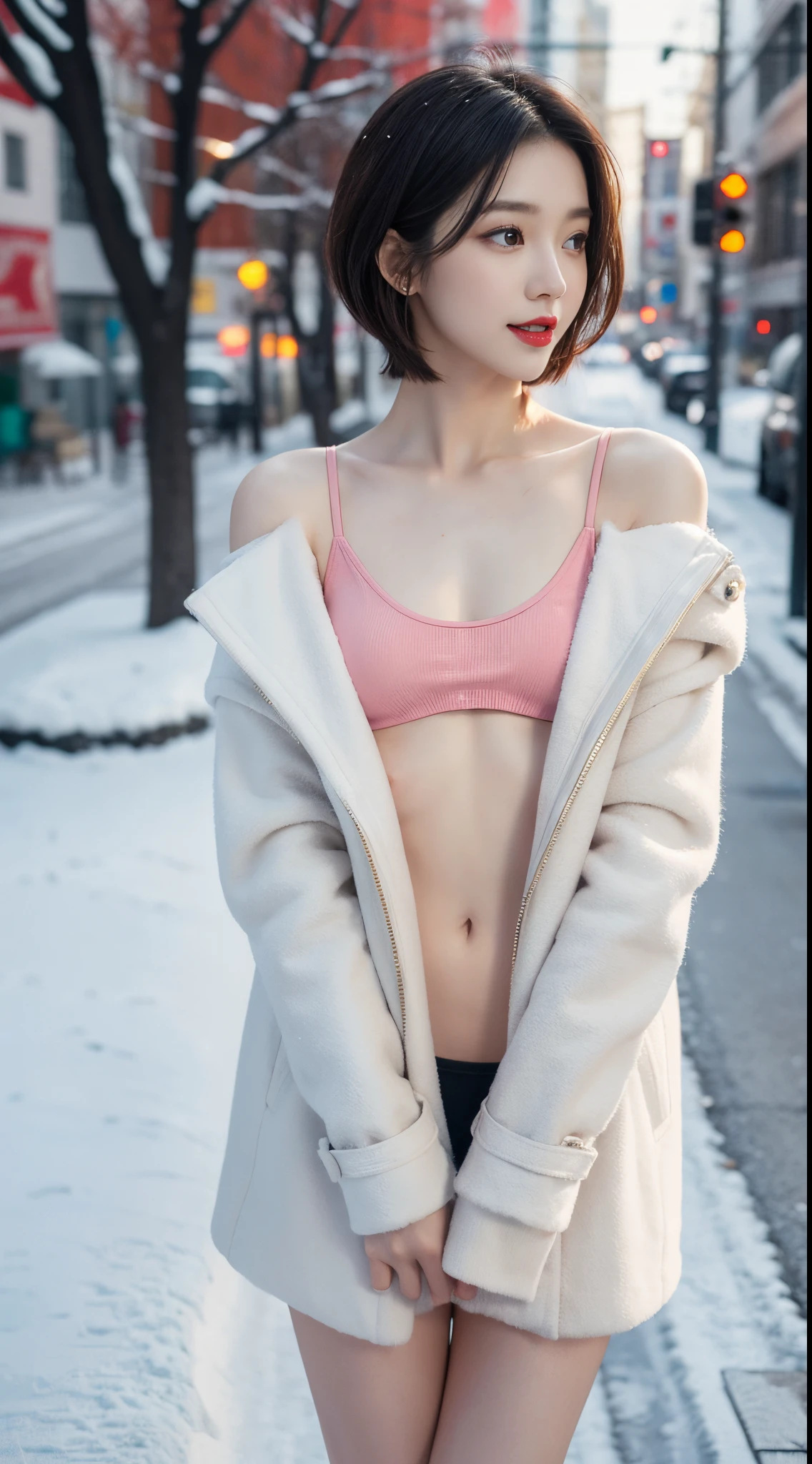 best quality, 4k, 8k, Detailed faces, clear face, a pretty girl, Korean makeup, Red lips,laugh, perfect body,shoulder length straight short hair,small breasts,thigh,slim,thin, The girl wears a long and wide coat, Underneath the jacket was yoga attire, lower abdomen, Snowscape, winter, street,