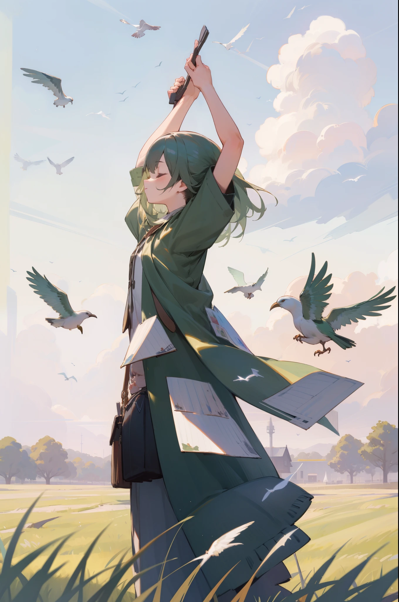 (outdoor, green field, grassy, sunlight, beautiful sky, bird, postcards), 1girl, girl have postcards, arms up, from behind, (blanket, sleeping), masterpiece, best quality, 8k, perfect anatomy