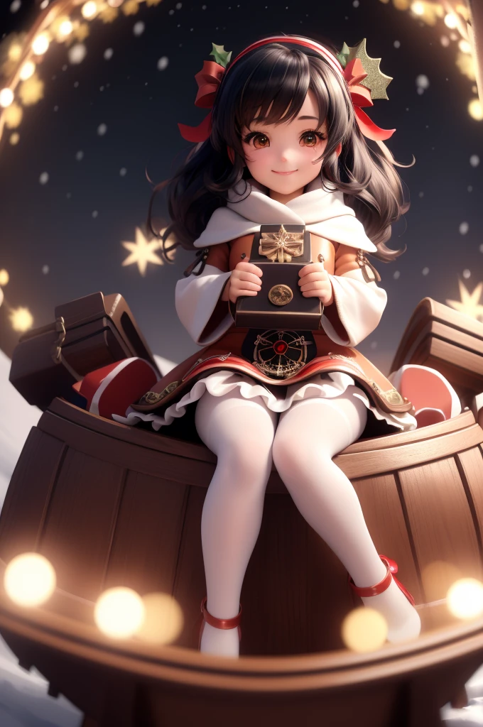masterpiece, best quality, a girl smiling slouching on steampunk sleigh, christmas crop shirt, christmas skirt, white tights, red lolita pumps, holding a steampunk candle, magical garden at night, blue sparkles floating