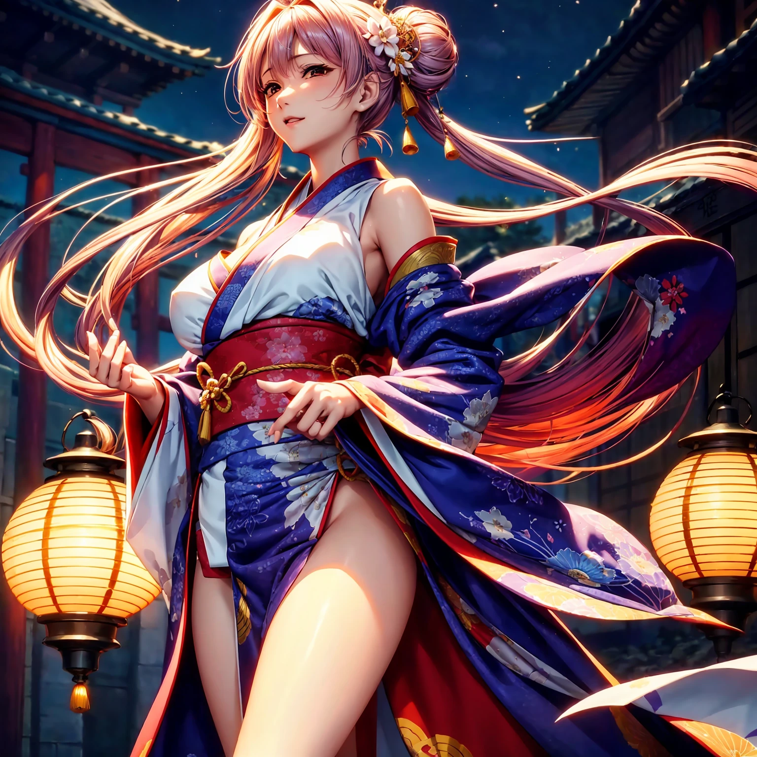 (top-quality、masterpiece、very high res、超A high resolution,High resolution details 1.5)、A woman of perfect and ultimate beauty(24 years old 1.5)、(Beautiful breasts and body shape 1.5)、Beautiful body、美丽的面容、large pink,Long hair,colorful and beautiful hair、Japan hair ornament,realistic textured skin,Wearing a beautiful Japanese long kimono,Kimono has colors and patterns.,Kimono sleeves and obi are long,Arms outstretched,Exposed shoulders from kimono,I can see the cleavage,Bright smile,Mouth opens,Hair flutters under the influence of the wind,The sleeves and obi of a kimono flap due to the wind.,that is a mysterious place,Fantastic night sky and beautiful full moon,Lantern light,Beautiful Landscapes、(The whole body,thigh visible,accurate anatomy、extremely detailed picture、Accurate images、Perfect Image 1.5)、、beautiful anime woman, Beautiful Art Style, an animated character、The whole picture、Detailed picture、Defect-free images、natural soft light、beautiful image、、(Best Shot 1.2)