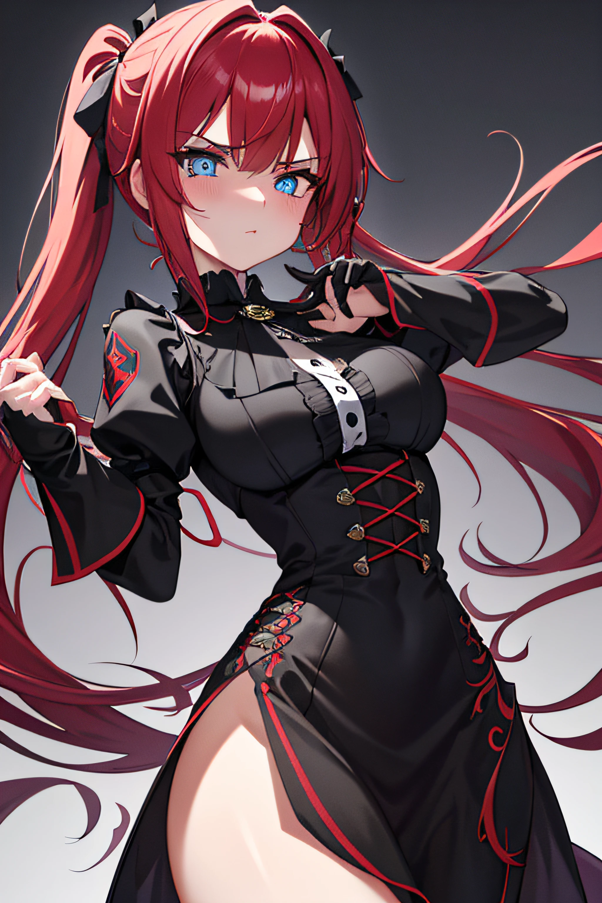 Meisterwerk, best quality, 1girls, Lange Haare, Large bust, sehr langes rotes Haar, gelbe Augen, two low ponytails , Schwarzes Kleid, Juwelen, Rubin-Ohrringe, gute Anatomie, rote Handschuhe, Stiefel, Hacken, wicked, emotionless, Intimidating, blutig, Detaillierte Augen, dunkler Hintergrund, close up, ((detaillierte Augen, gorgeous eyes, haar bang, frontaler Blick