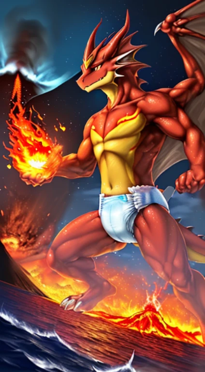 ((drawn by wadorigi on Twitter)(realistic dragon with wings and hornipedal, male proportions, big, muscled, wearing pampers disposable soggy diaper with red flame shaped symbol, throwing fire from claws, Kung fu pose, surrounded by flames, surrounded by cinders, volcano eruption, in cruise, ocean