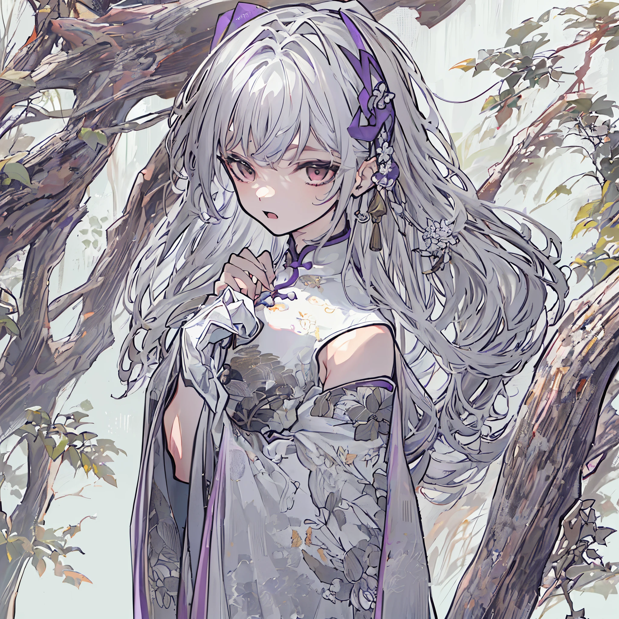 (8K, Best quality at best, tmasterpiece:1.2),\(Eyes detailed\),\(facial feature\),(\(Clothing details body details,(surface focus) ,Very detailed CG-8k wallpaper,hugefilesize,ultra - detailed,A high resolution,Huang Li,beautidful eyes,ray traycing,Dramatic shadows,Detailed pubic hair,dramatic angles,hyper-detailing,(1 girl:1.3),(sonata),White hair,shinny hair,long, hair straight,(Hair length to hips:1.1),red eyes,Air bangs,Willow eyebrows.(Purple-gray skin:1.4)+(Fair and shiny skin),(short and delicate:1.2),flatchest,Slim,Weakness of the body.(China Cheongsam:1.2)+(Right thigh incision only:1.2),Black embroidered shoes.Chinese cave,Chinese style mansion built in a cave,rock garden,Chinese style courtyard