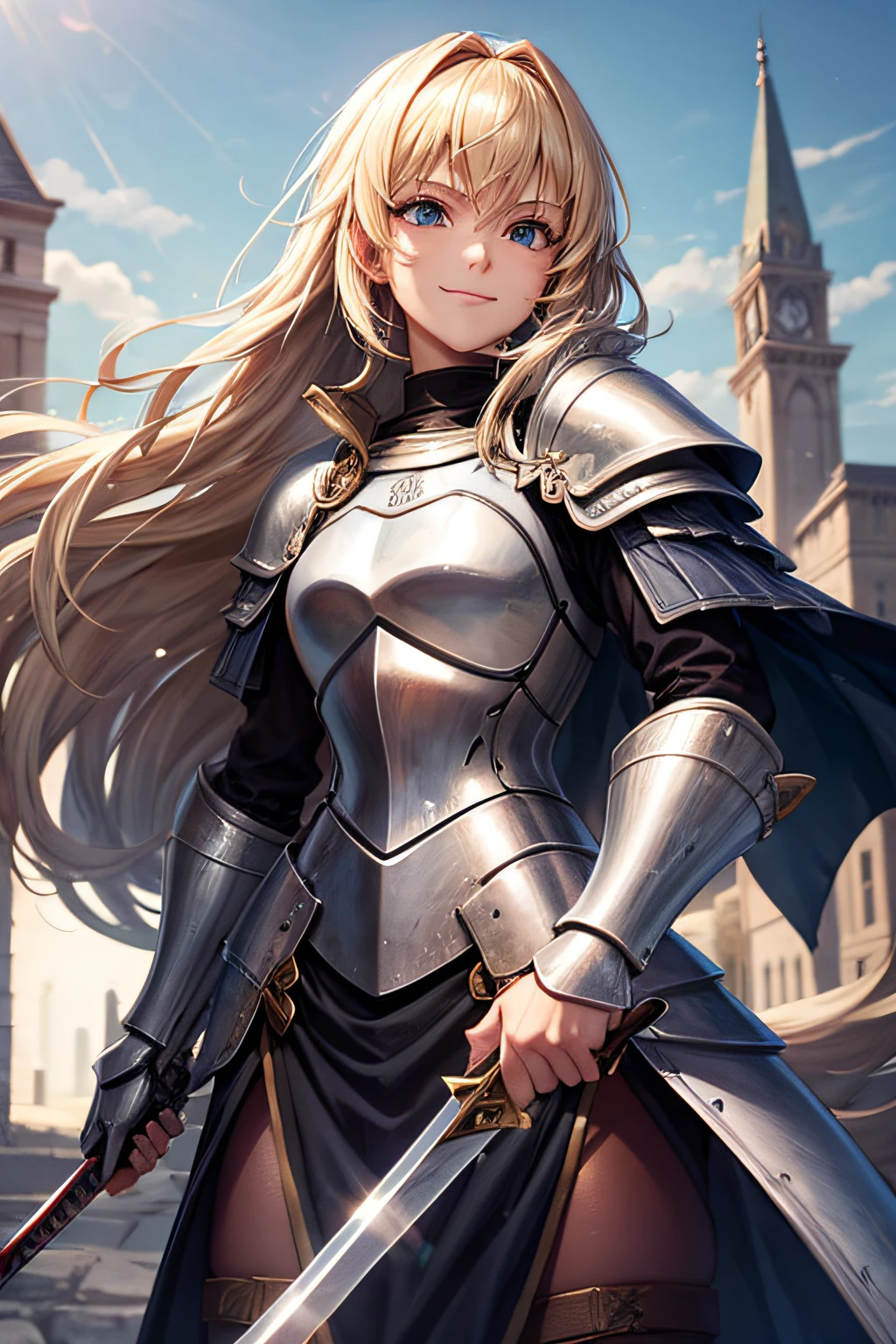 Female knight,swordsmen,a blond,No background,A smile