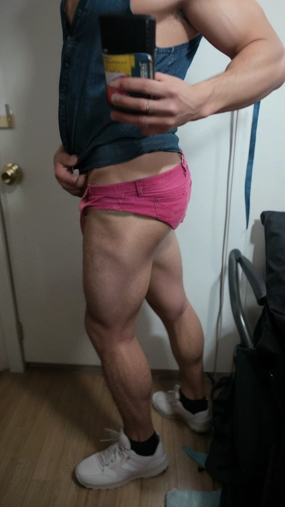 Sexy Latin male prostitute models pink denim material, pink denim material, sexy mini ultra short shorts, hot pink pink denim men's short jeans 1" inseam, slim runners build and bubble butt