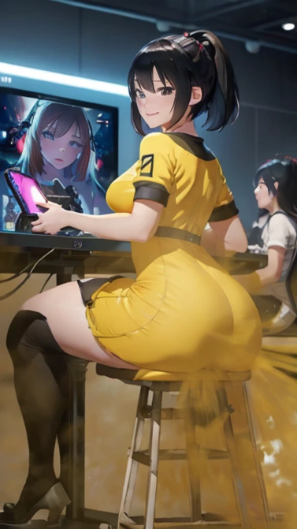 ((velocity)),Attacked by farts, (((Women farting))),(girl farting while seat on seat and playing game on smartphone)),smiled,blushing,velocity,(a female pro player), (wearing a yellow e-sport jersey and tight dress),(tighhighs),(sit facing the screen),(her buttt facing the screen) (short hair black hair),(Asian woman),(gaming tournament),(masterpiece:1.2、top-quality)、(the Extremely Detailed CG Unity 8K Wallpapers、ultra-detailliert、Best Shadows)、(细致背景)、(The best lighting、extremely delicate and beautiful)、depth of fields、1girl in、report、upward looking gaze、