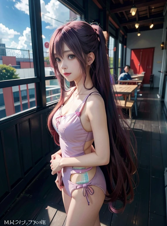 long purple hair and pink swimsuit,full body image anime girl, Anime Girl, Marin-chan(Anime Girl), anime moe art style, Anime style, Anime Best Girl, art by, Anime Girl, Cute anime manga style, Anime Art Style, cute anime girl idol singer, Blue sky,