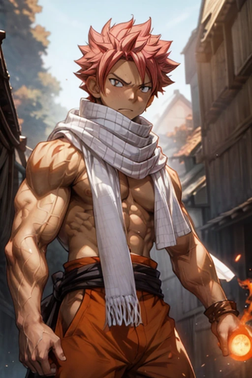 Muscular shirtless Natsu Dragneel with Fireball in hand wearing ((white scarf)) standing in front of huge flames angry