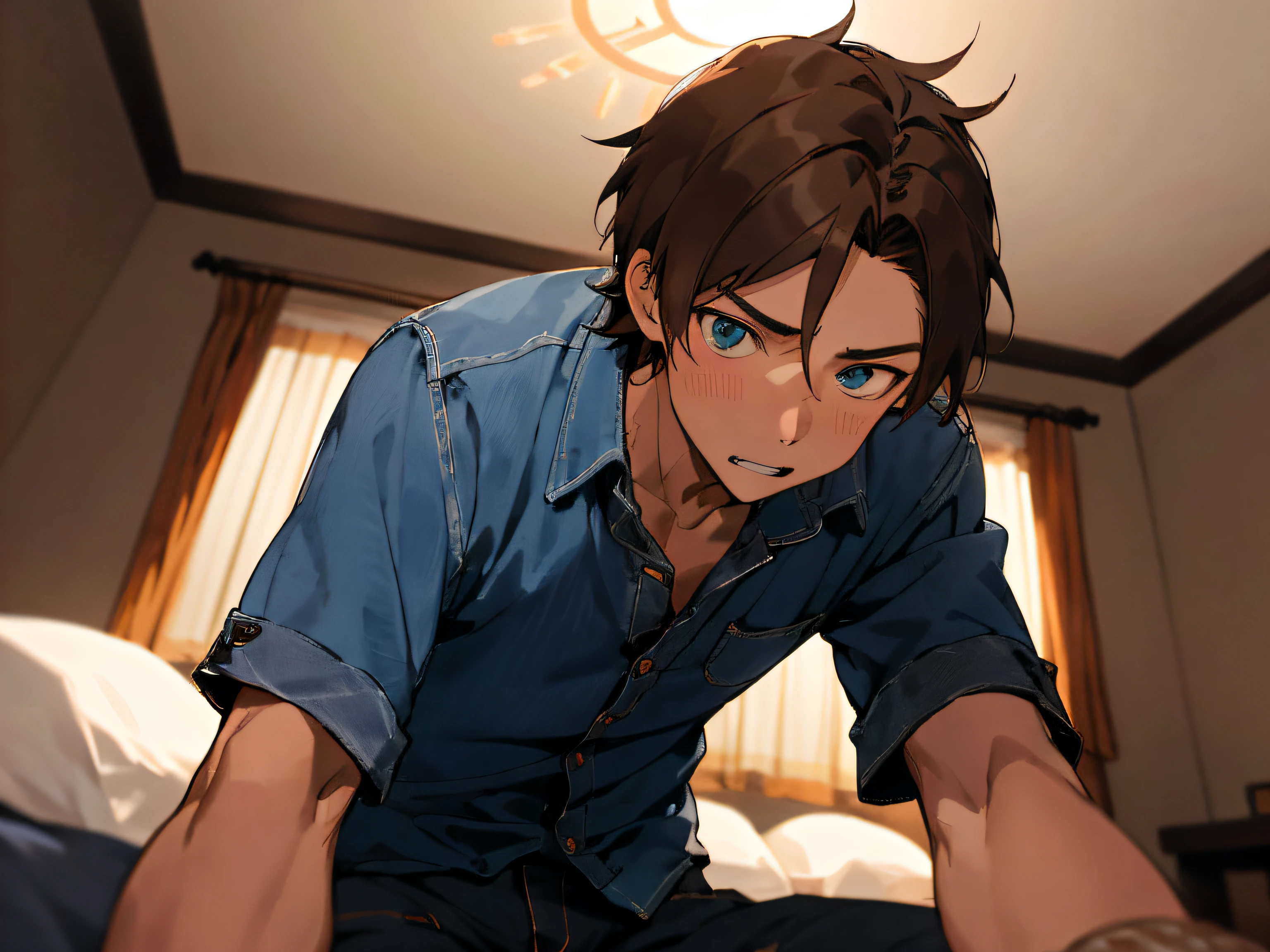 Year's on、elder brother,male people, 30-years old,1 boy、Cool,Brown hair,Blue denim shirt,eyes are brown,extreme close - up,Angle from below,perspiring,Impatient expression,Background Hotel,a bed,natta