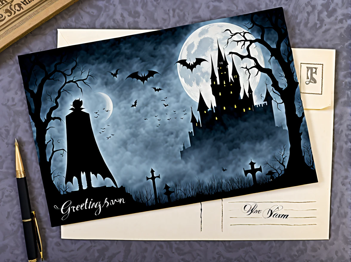 (vintage:1.3), (solo:1.3), design a (captivating gothic postcard) with old-fashioned handwriting featuring a silhouette of a vampire against a full moon backdrop, standing on top of a gothic castle, with bats flying around and a misty graveyard in the foreground, (the postcard has faded edges and handwritten text that reads 'Greetings from the Night Realm'), eerie and enchanting, on a luxurious table with skull and an elegant pen, More Detail